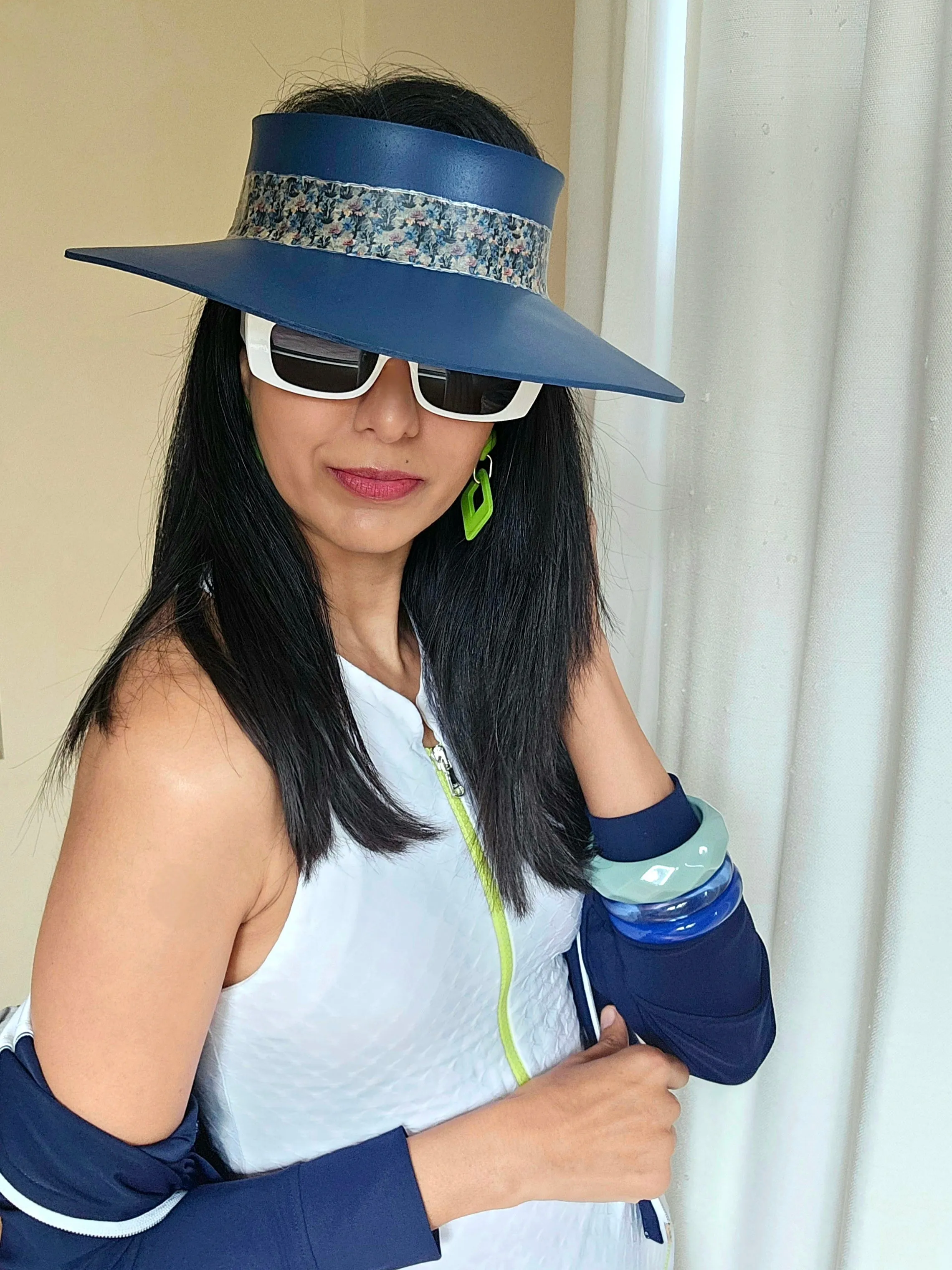 Navy Blue "LadyEVA" Visor Hat with Dark Floral Band