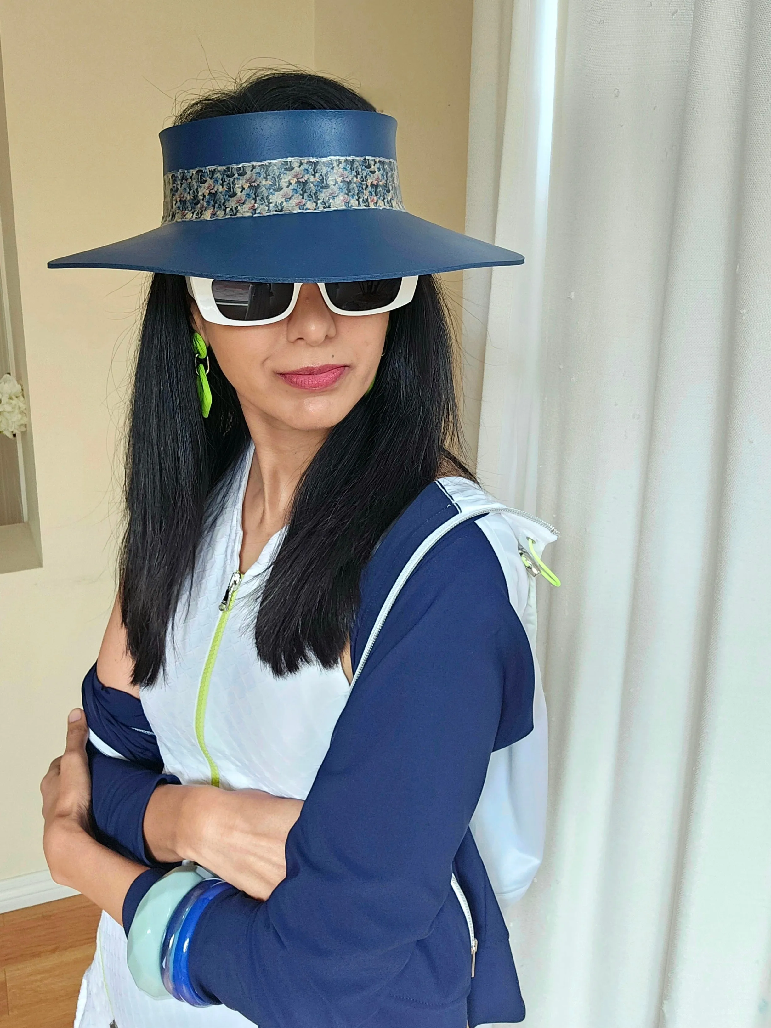 Navy Blue "LadyEVA" Visor Hat with Dark Floral Band