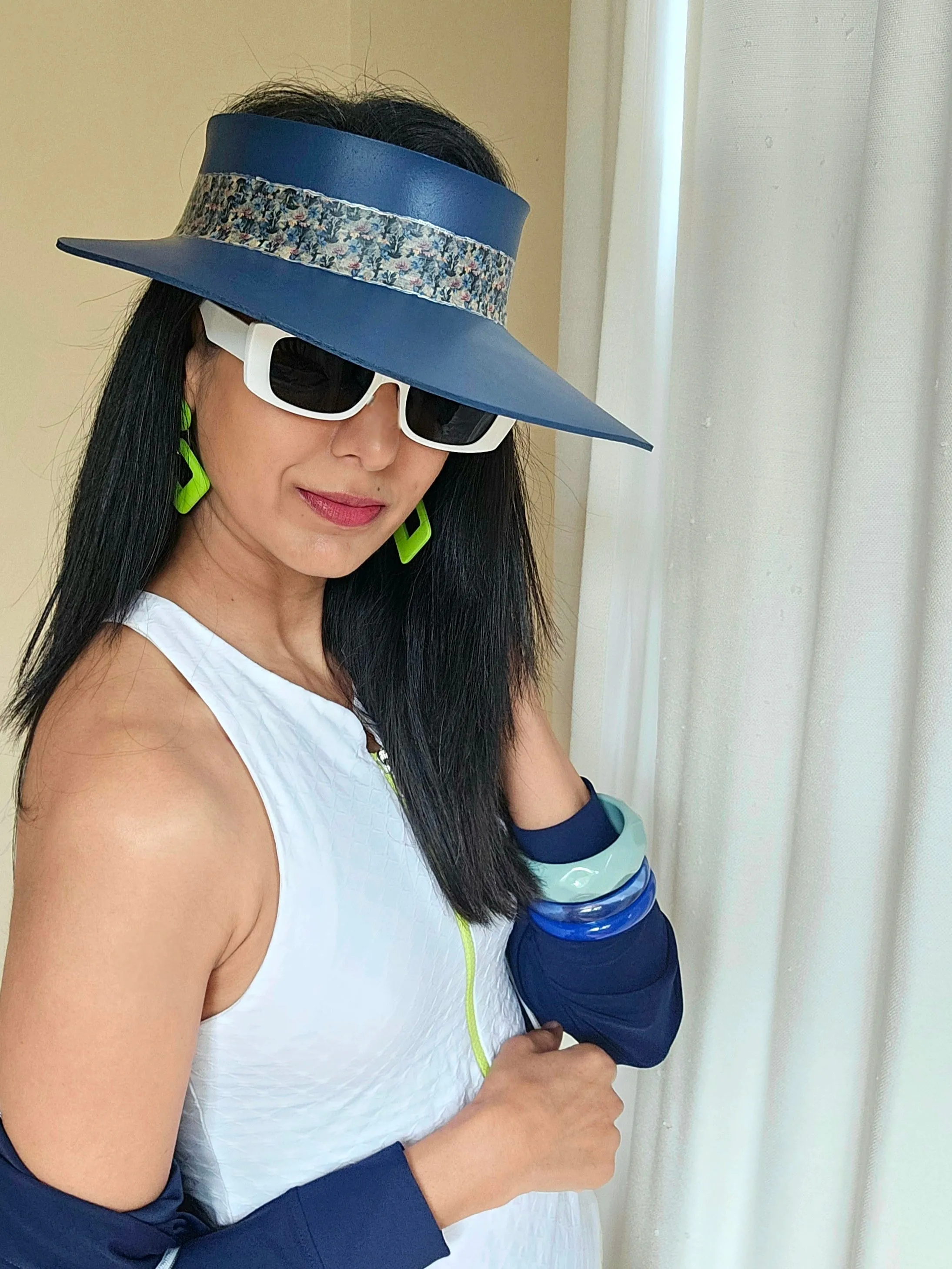 Navy Blue "LadyEVA" Visor Hat with Dark Floral Band