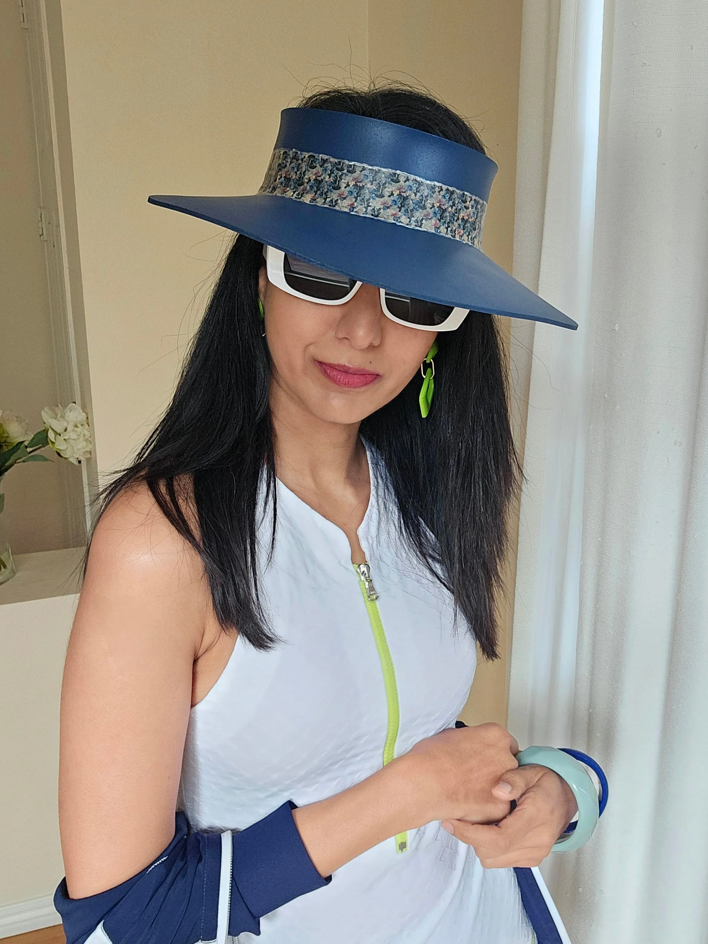 Navy Blue "LadyEVA" Visor Hat with Dark Floral Band