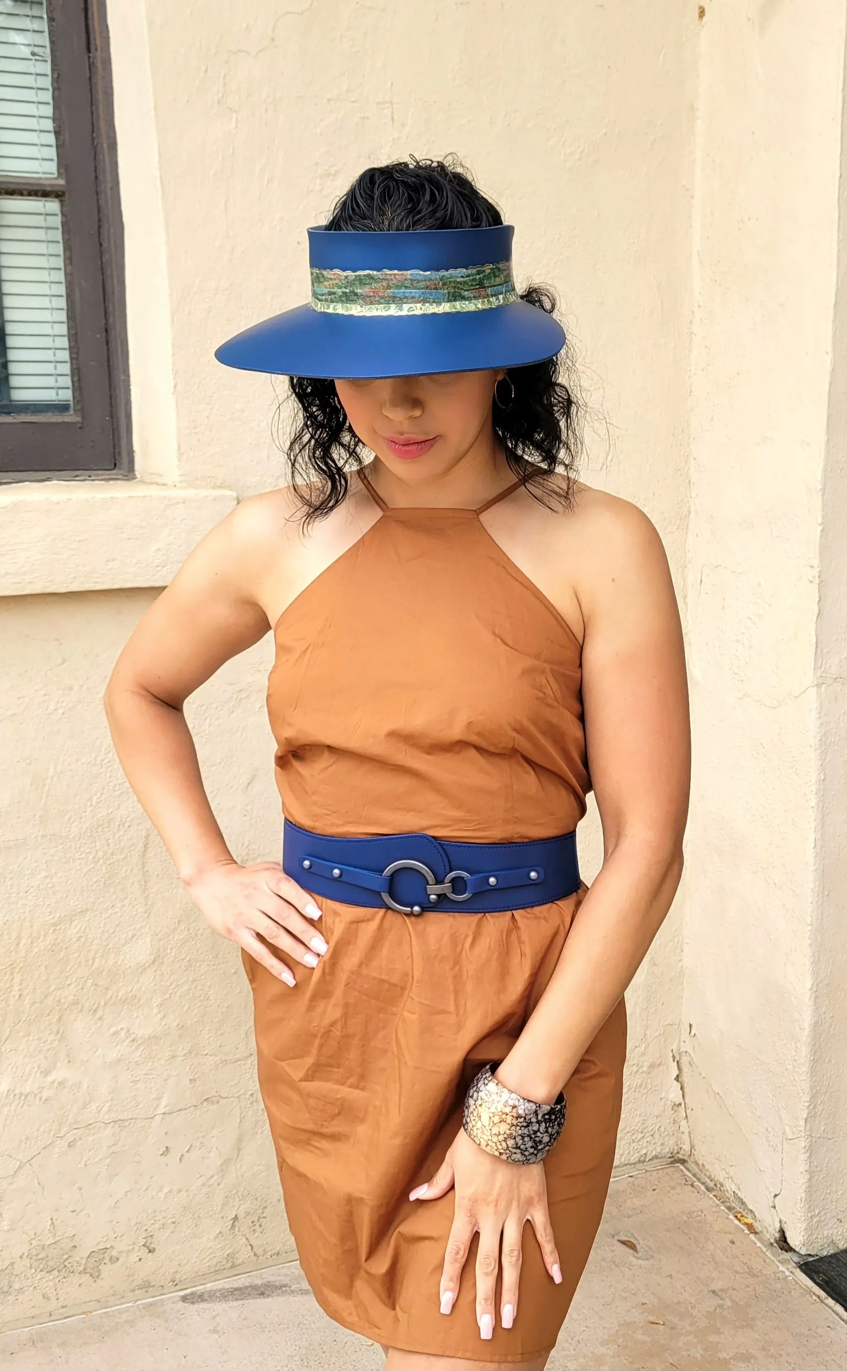 Navy Blue "LadyEVA" Visor Hat with Green and Golden Band
