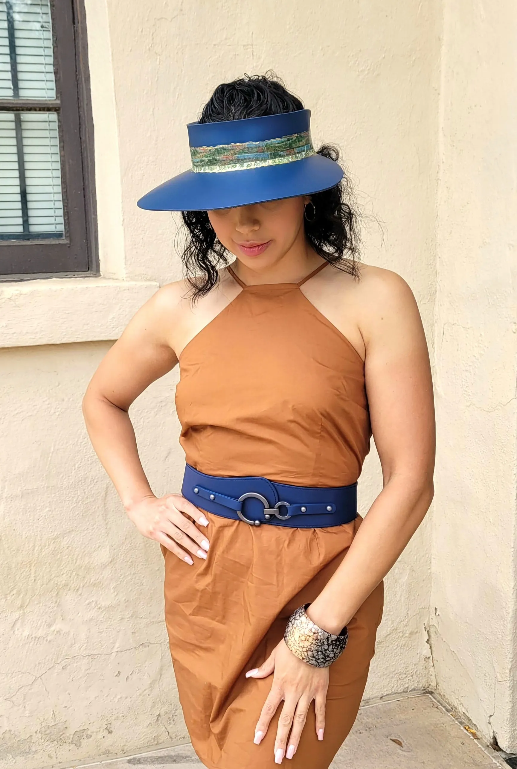 Navy Blue "LadyEVA" Visor Hat with Green and Golden Band