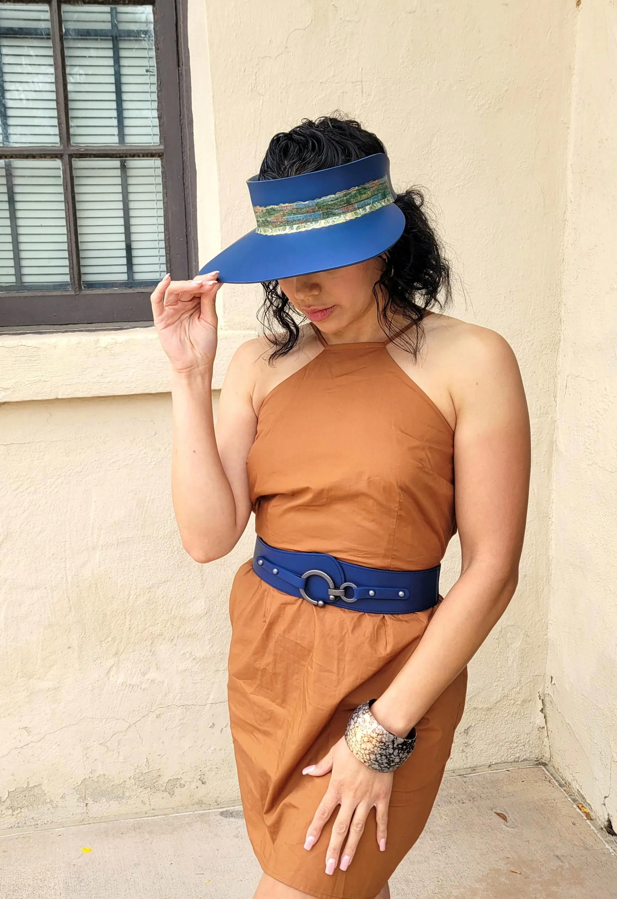 Navy Blue "LadyEVA" Visor Hat with Green and Golden Band