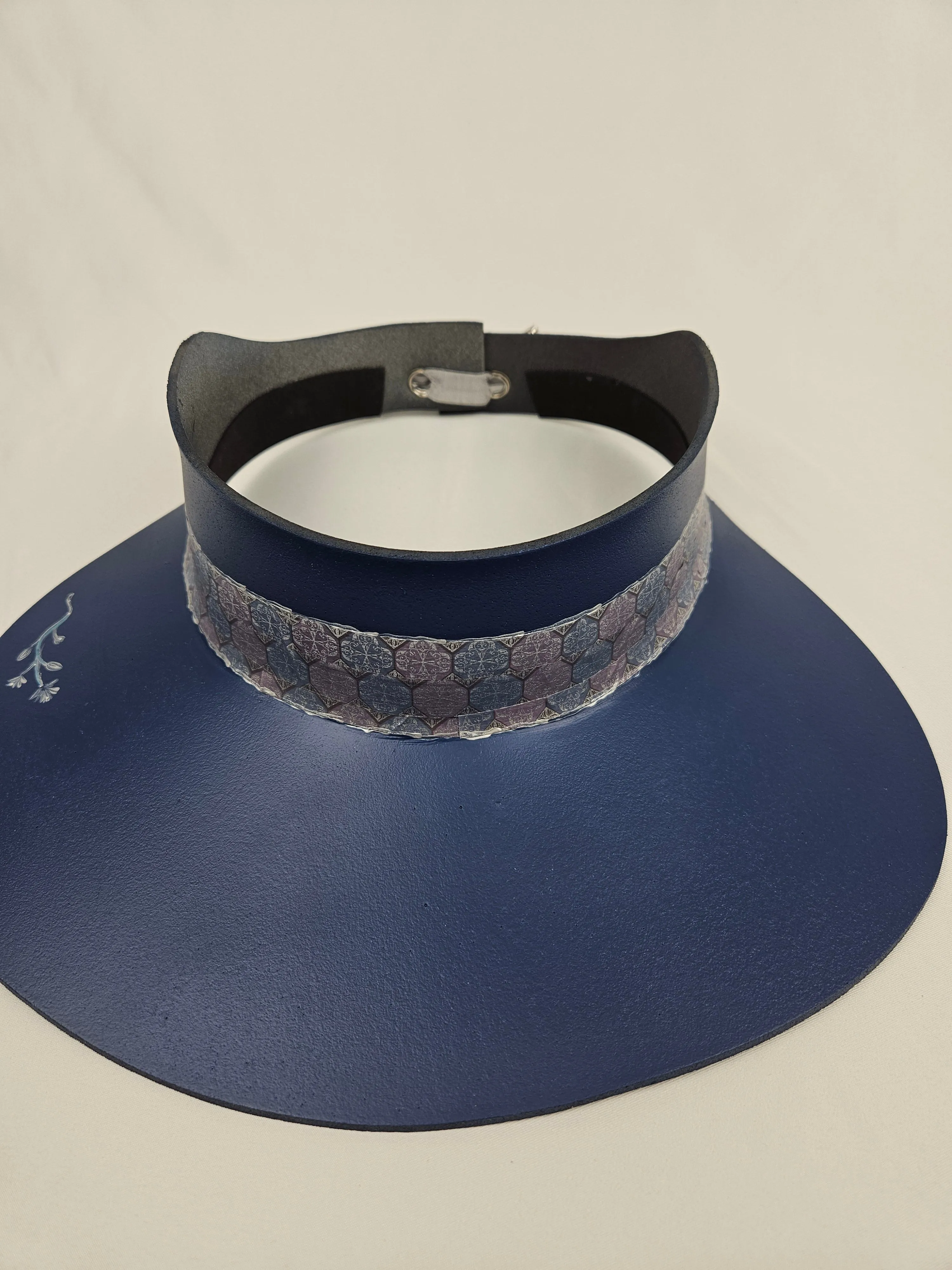 Navy Blue "LadyEVA" Visor Hat with Silver Geometric Band and Handpainted Floral Motif