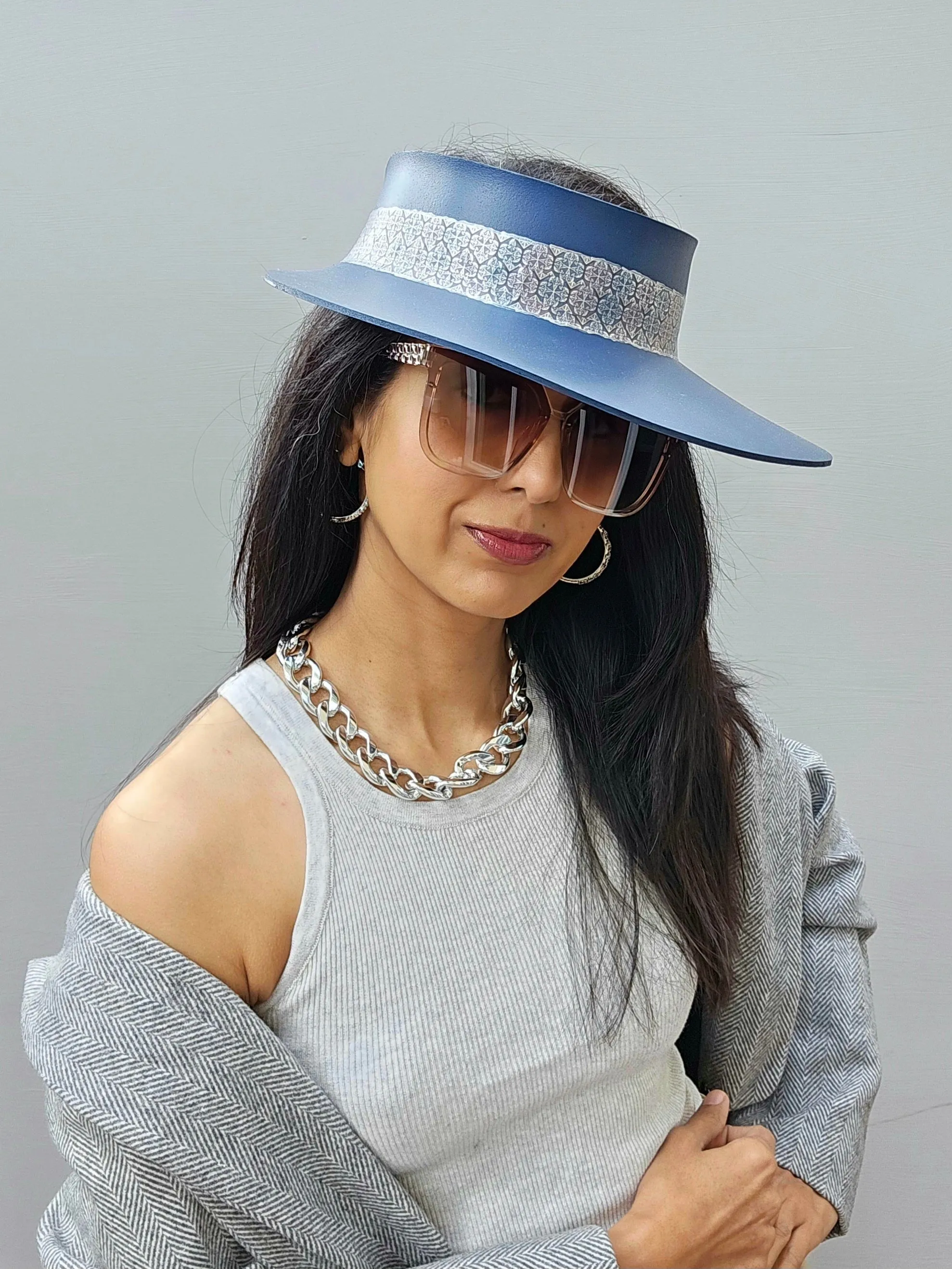 Navy Blue "LadyEVA" Visor Hat with Silver Geometric Band and Handpainted Floral Motif