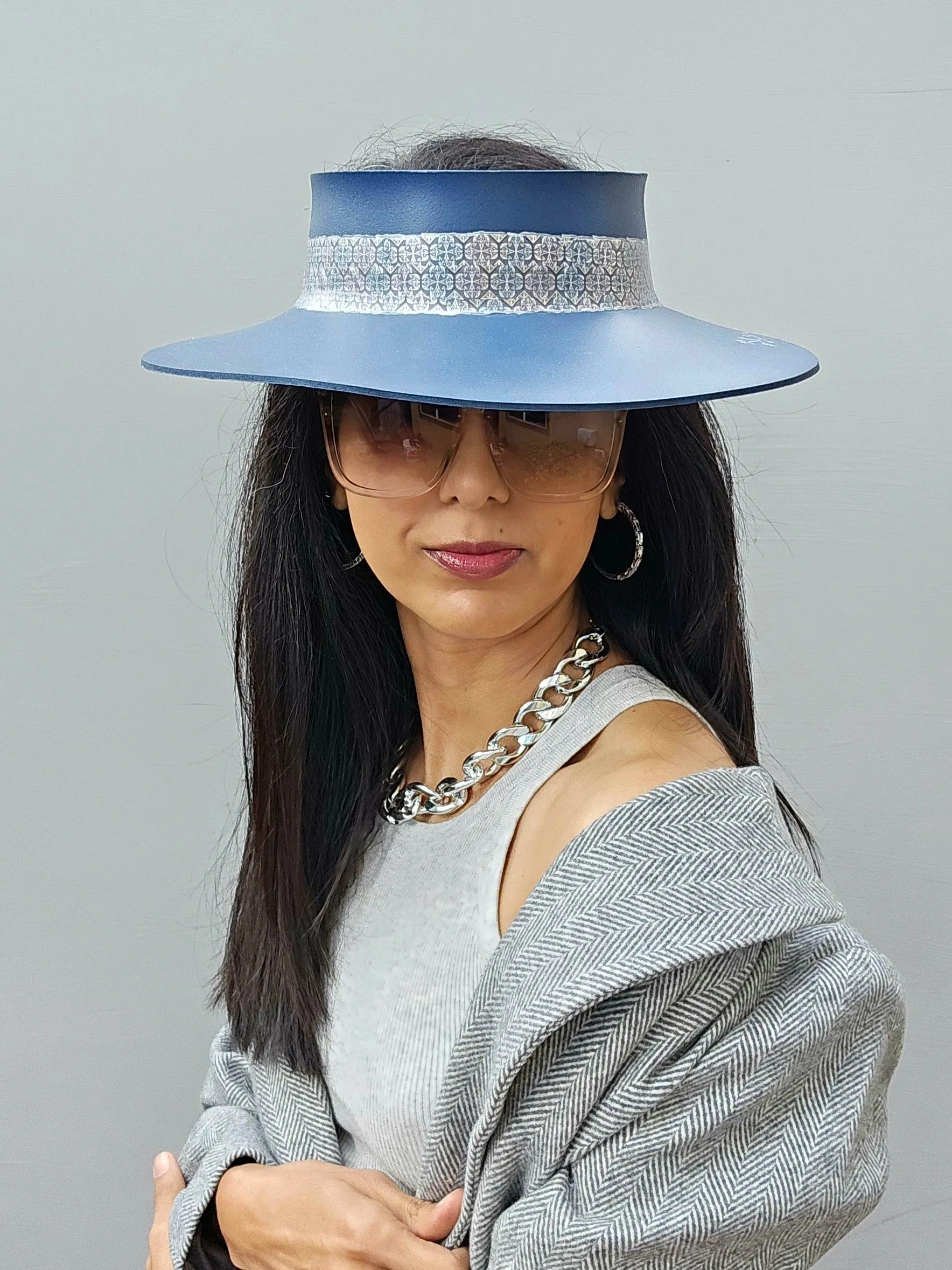 Navy Blue "LadyEVA" Visor Hat with Silver Geometric Band and Handpainted Floral Motif