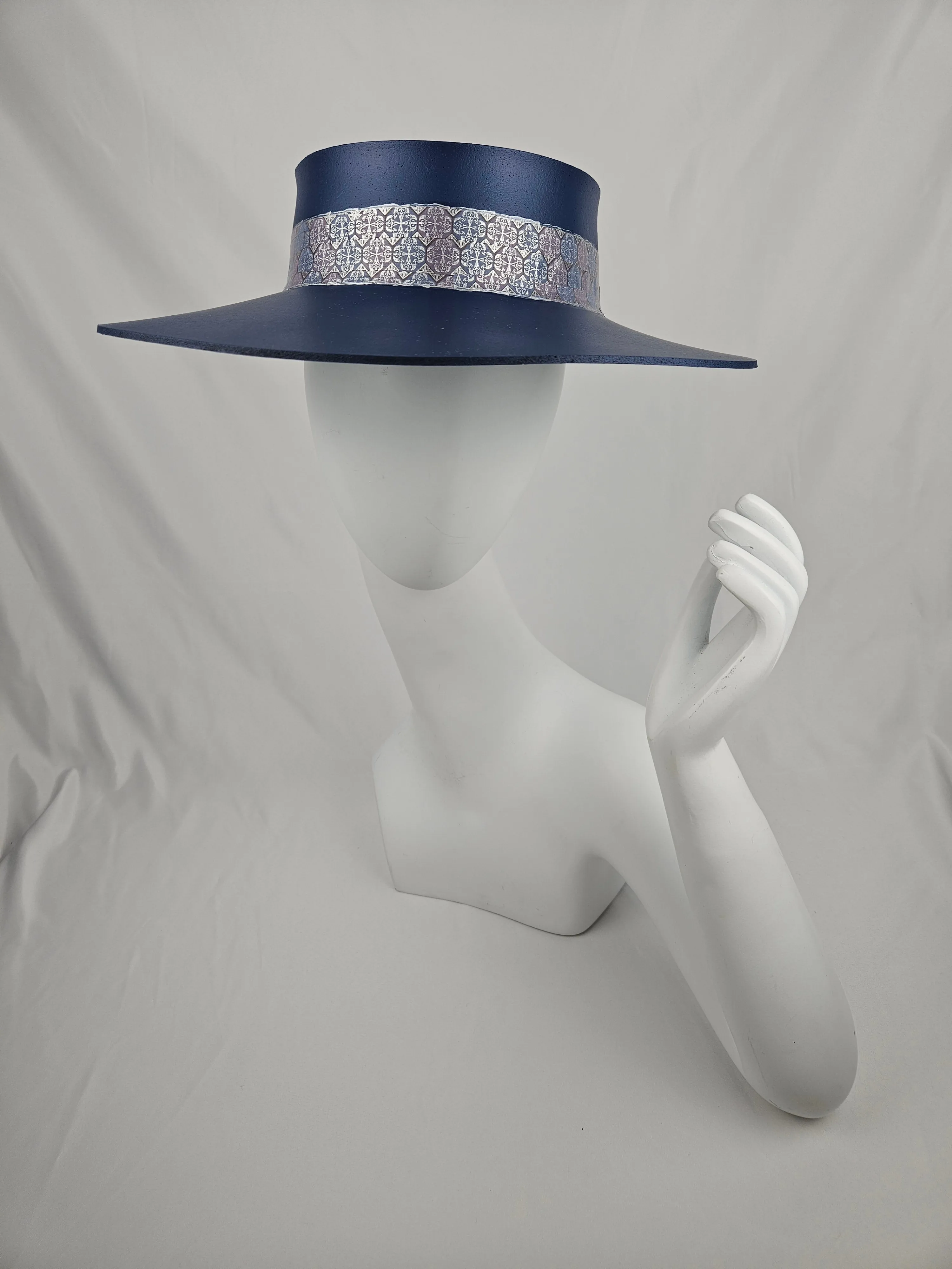 Navy Blue "LadyEVA" Visor Hat with Silver Geometric Band and Handpainted Floral Motif