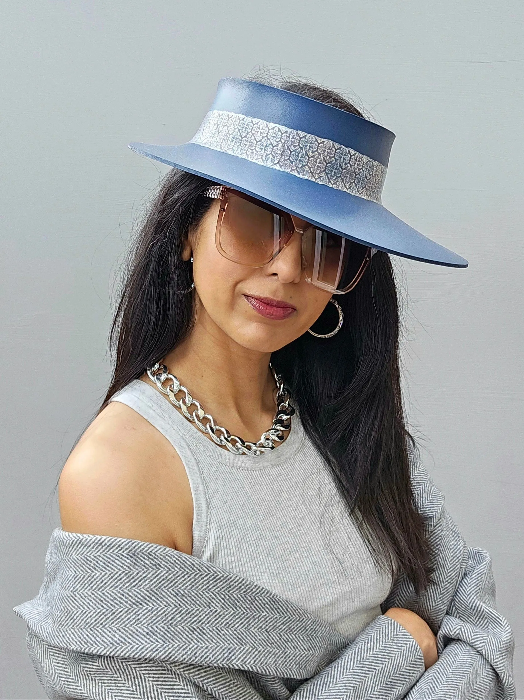 Navy Blue "LadyEVA" Visor Hat with Silver Geometric Band and Handpainted Floral Motif