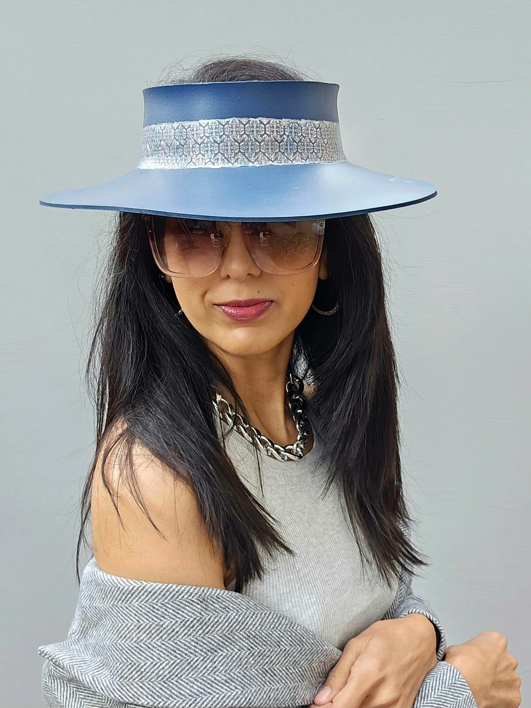 Navy Blue "LadyEVA" Visor Hat with Silver Geometric Band and Handpainted Floral Motif