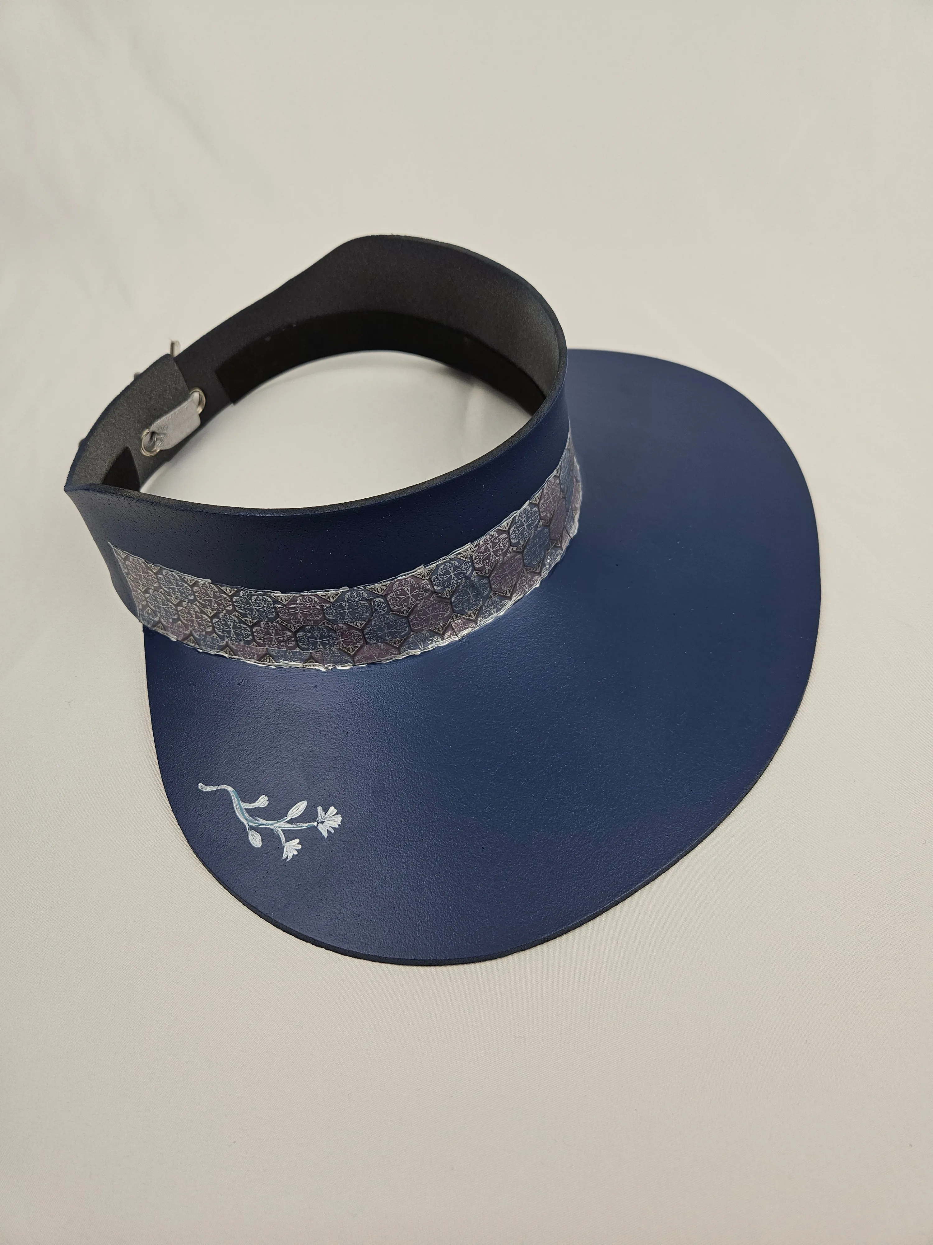 Navy Blue "LadyEVA" Visor Hat with Silver Geometric Band and Handpainted Floral Motif