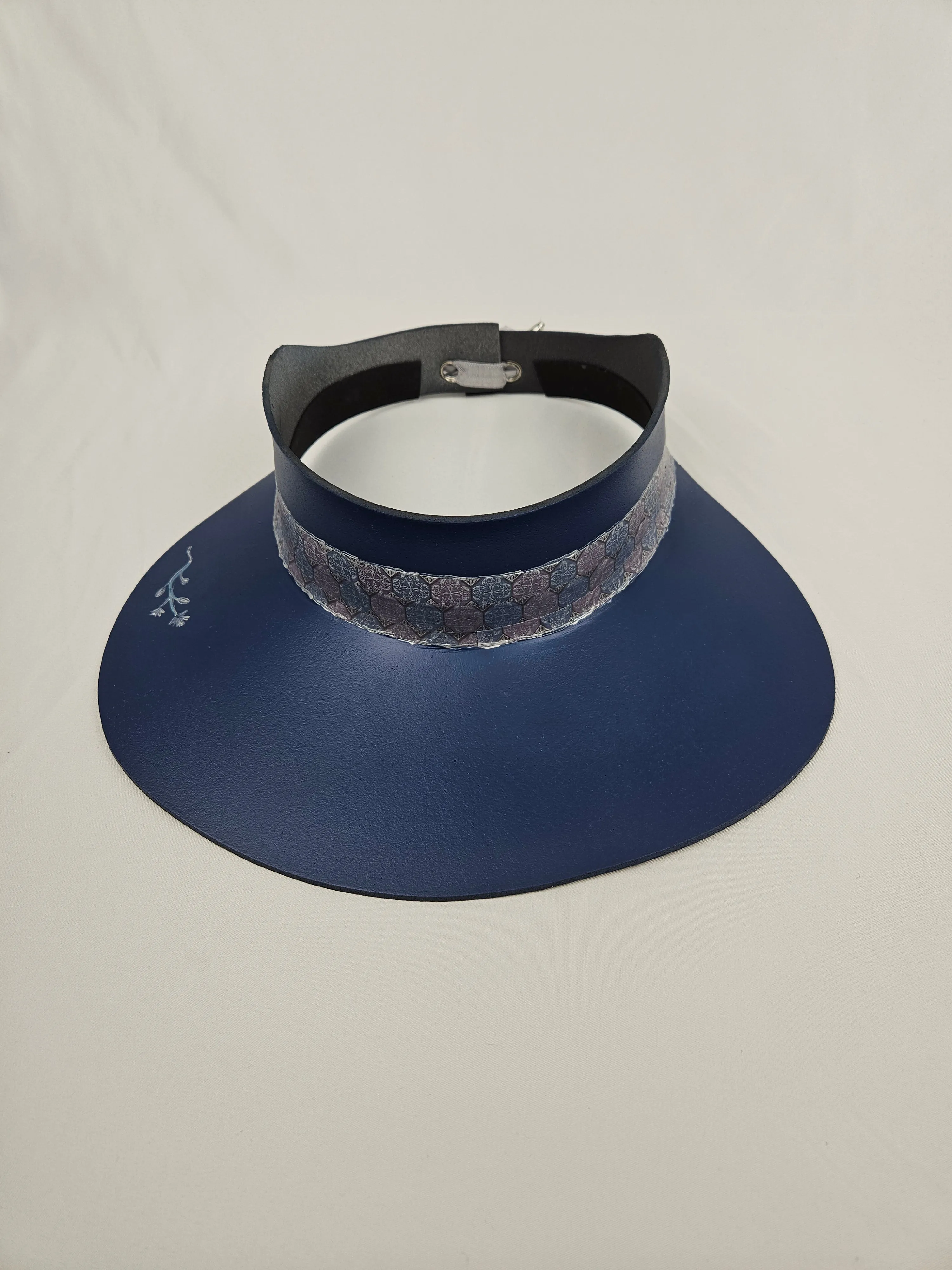 Navy Blue "LadyEVA" Visor Hat with Silver Geometric Band and Handpainted Floral Motif