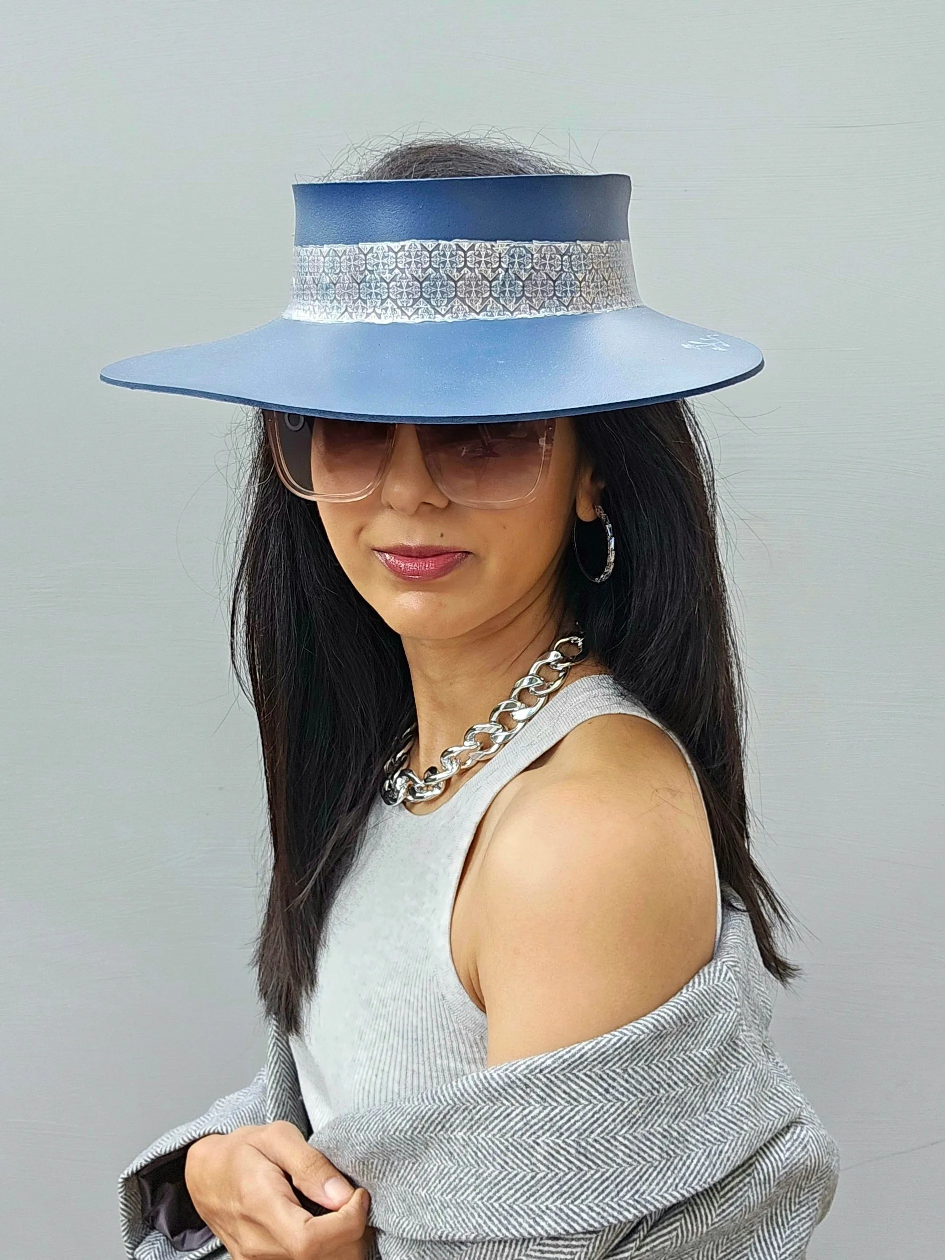 Navy Blue "LadyEVA" Visor Hat with Silver Geometric Band and Handpainted Floral Motif