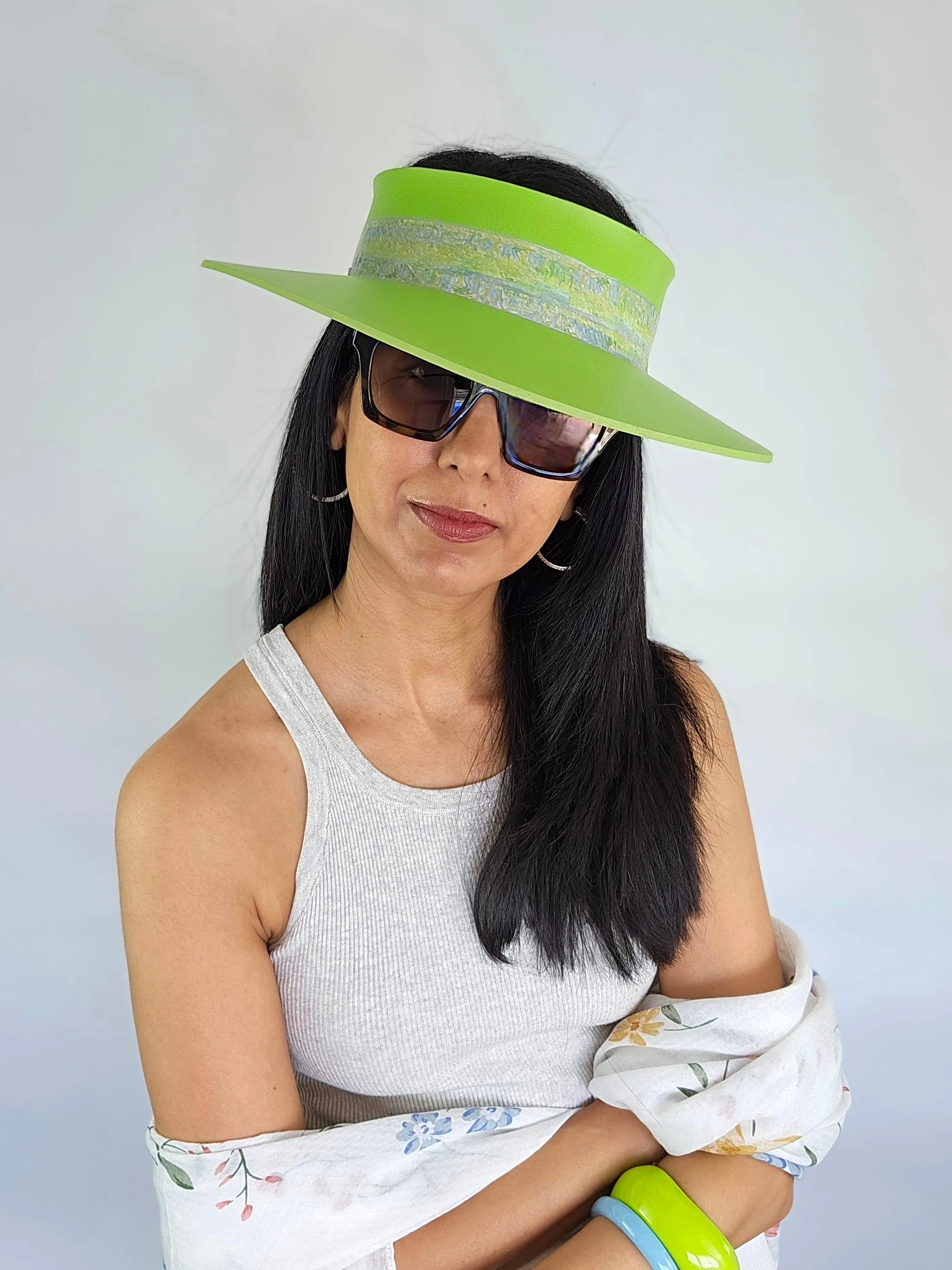 Neon Green "LadyEVA" Visor Hat with Monet Style Floral Band