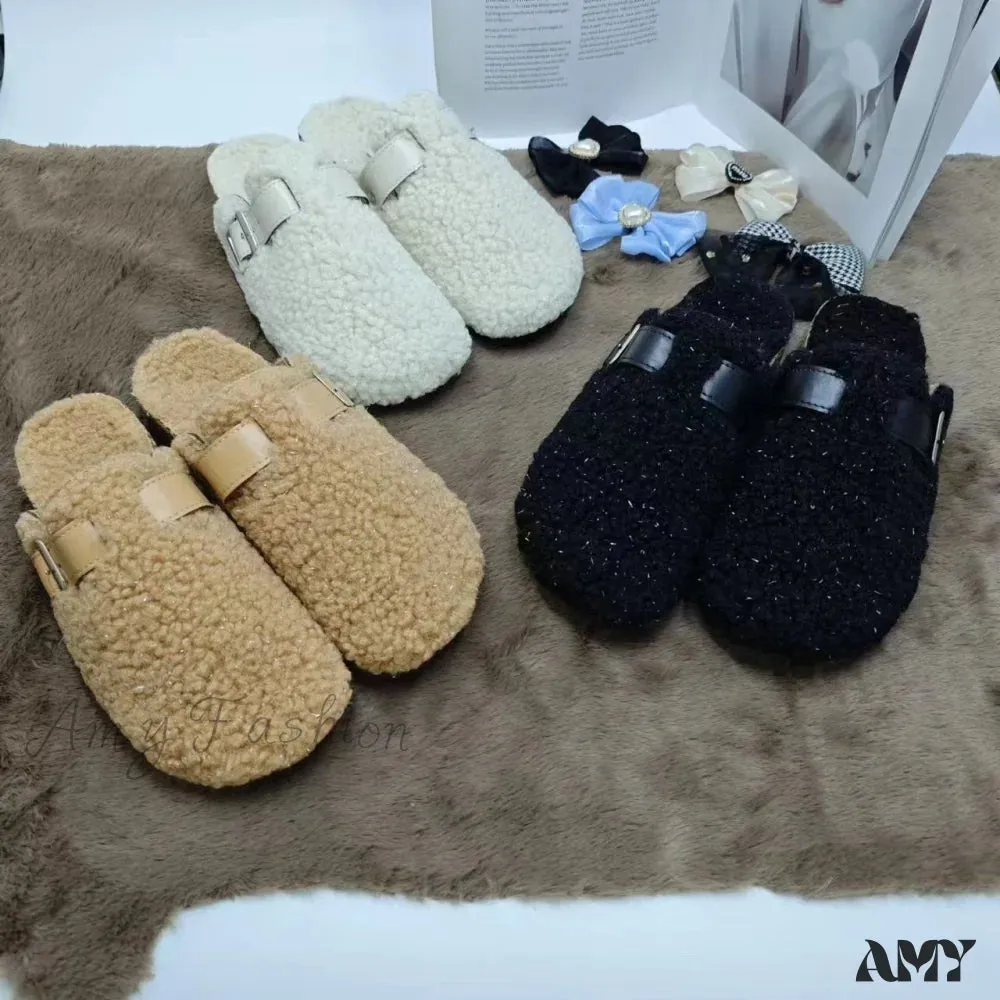New Fleece Fur Buckle Sandals Closed Toe Half Slippers Autumn Winter Women's Shoes