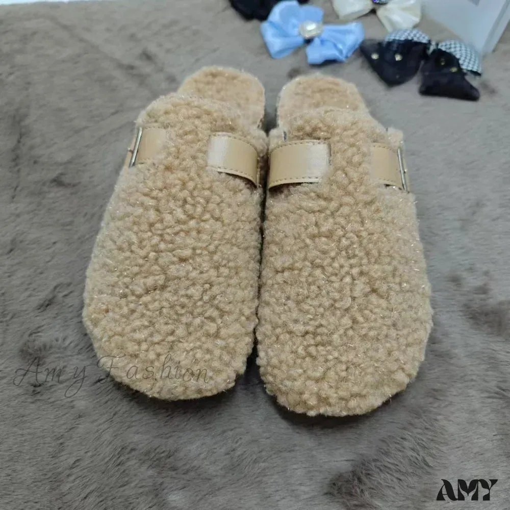 New Fleece Fur Buckle Sandals Closed Toe Half Slippers Autumn Winter Women's Shoes