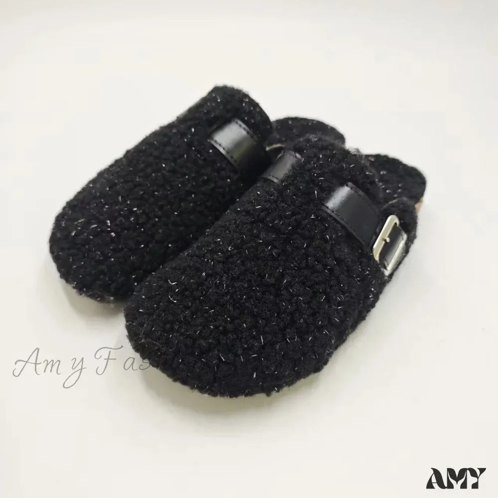 New Fleece Fur Buckle Sandals Closed Toe Half Slippers Autumn Winter Women's Shoes