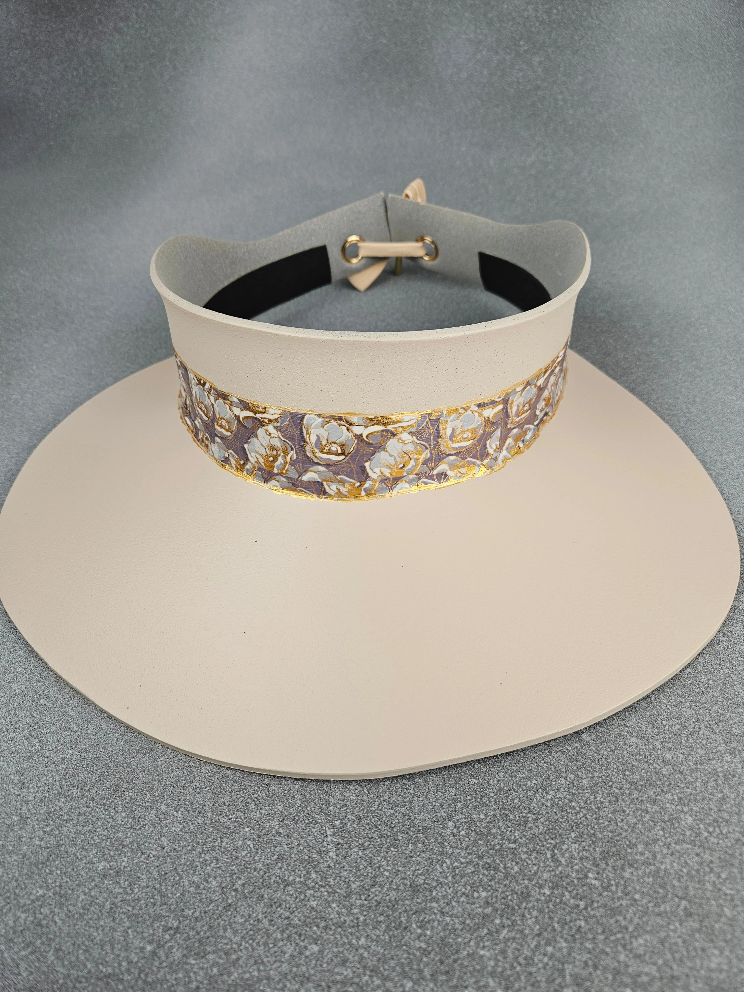 Peachy Beige "LadyEVA" Visor Hat with Golden Floral Band