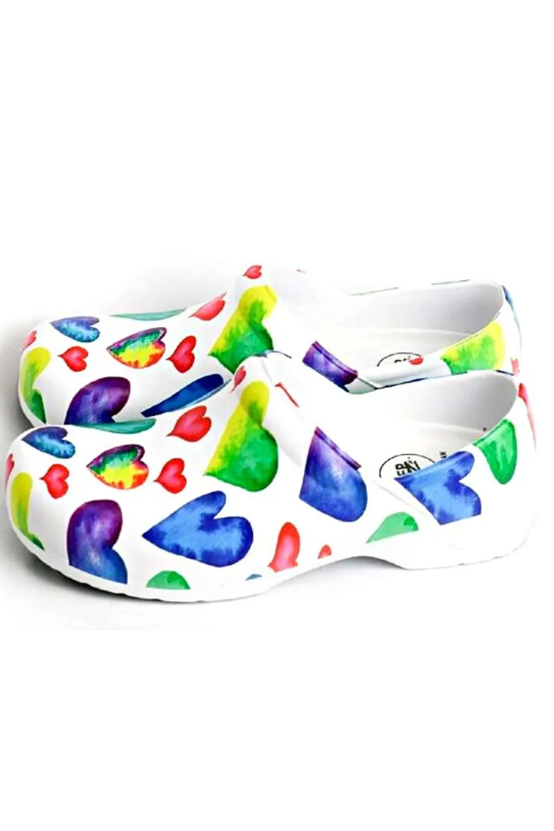 StepZ Women's Slip Resistant Nurse Clogs | Rainbow Hearts