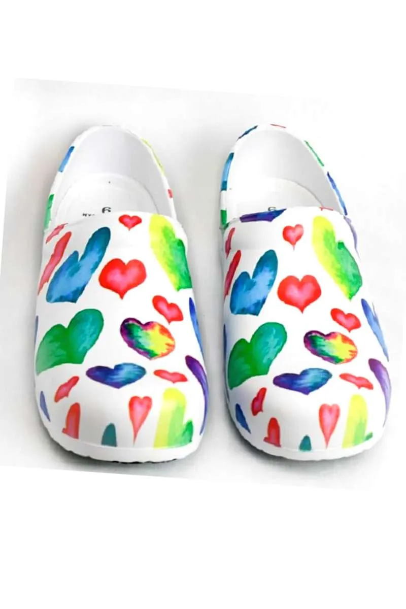 StepZ Women's Slip Resistant Nurse Clogs | Rainbow Hearts