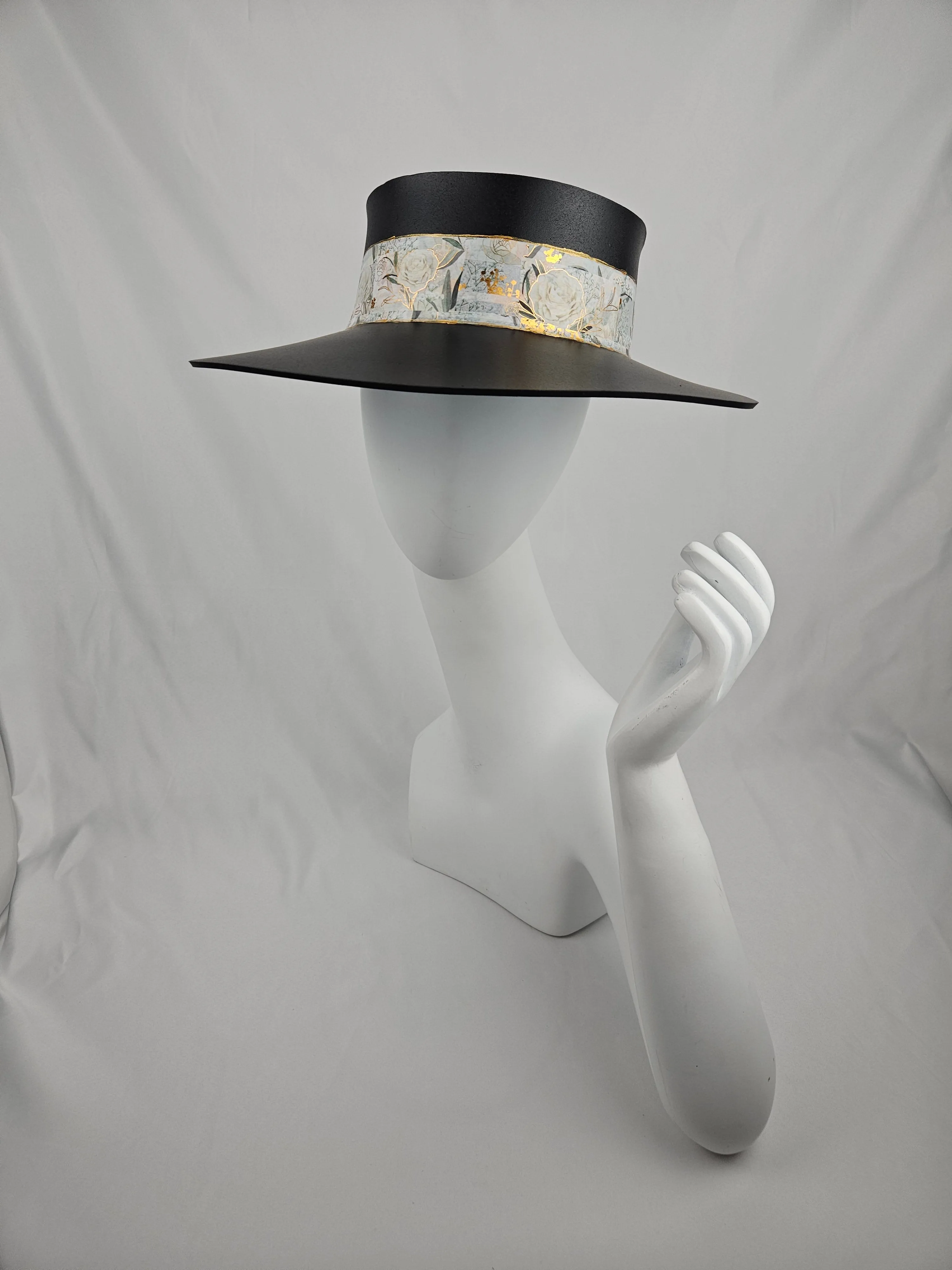 Tall Black "LadyEVA" Visor Hat with Golden and White Floral Band
