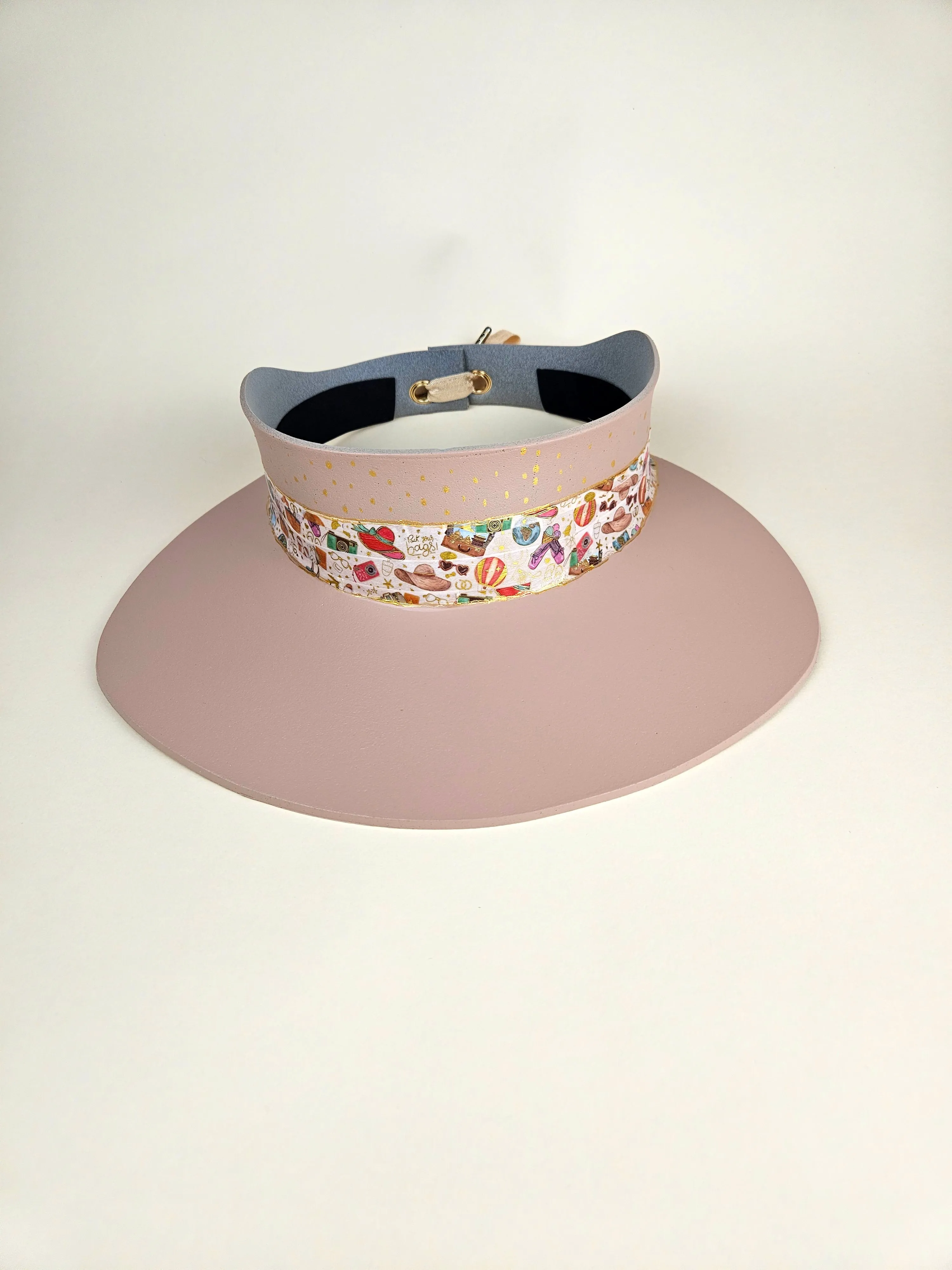 Tall Peachy Pink "LadyEVA" Hat with Beach Themed Band and Gold Polka Dots