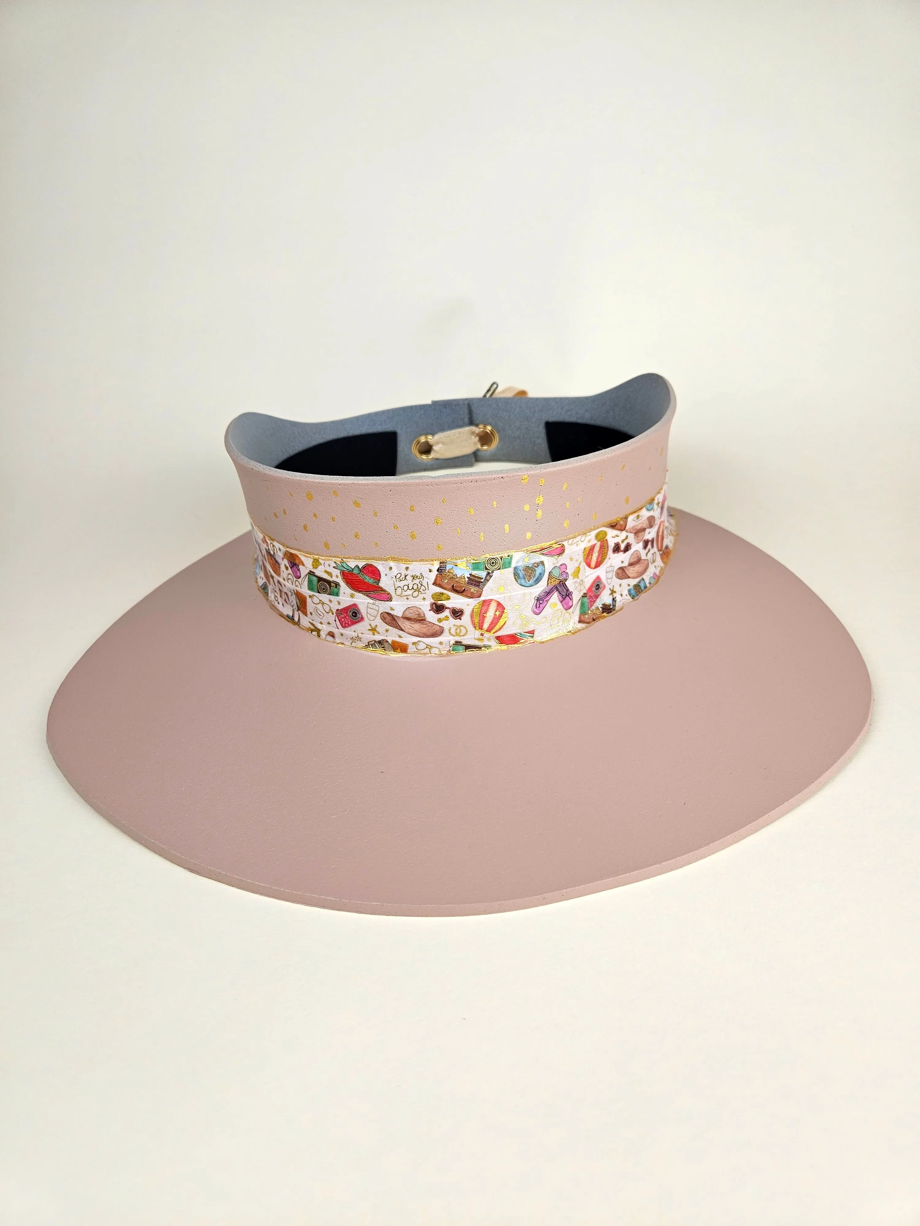 Tall Peachy Pink "LadyEVA" Hat with Beach Themed Band and Gold Polka Dots
