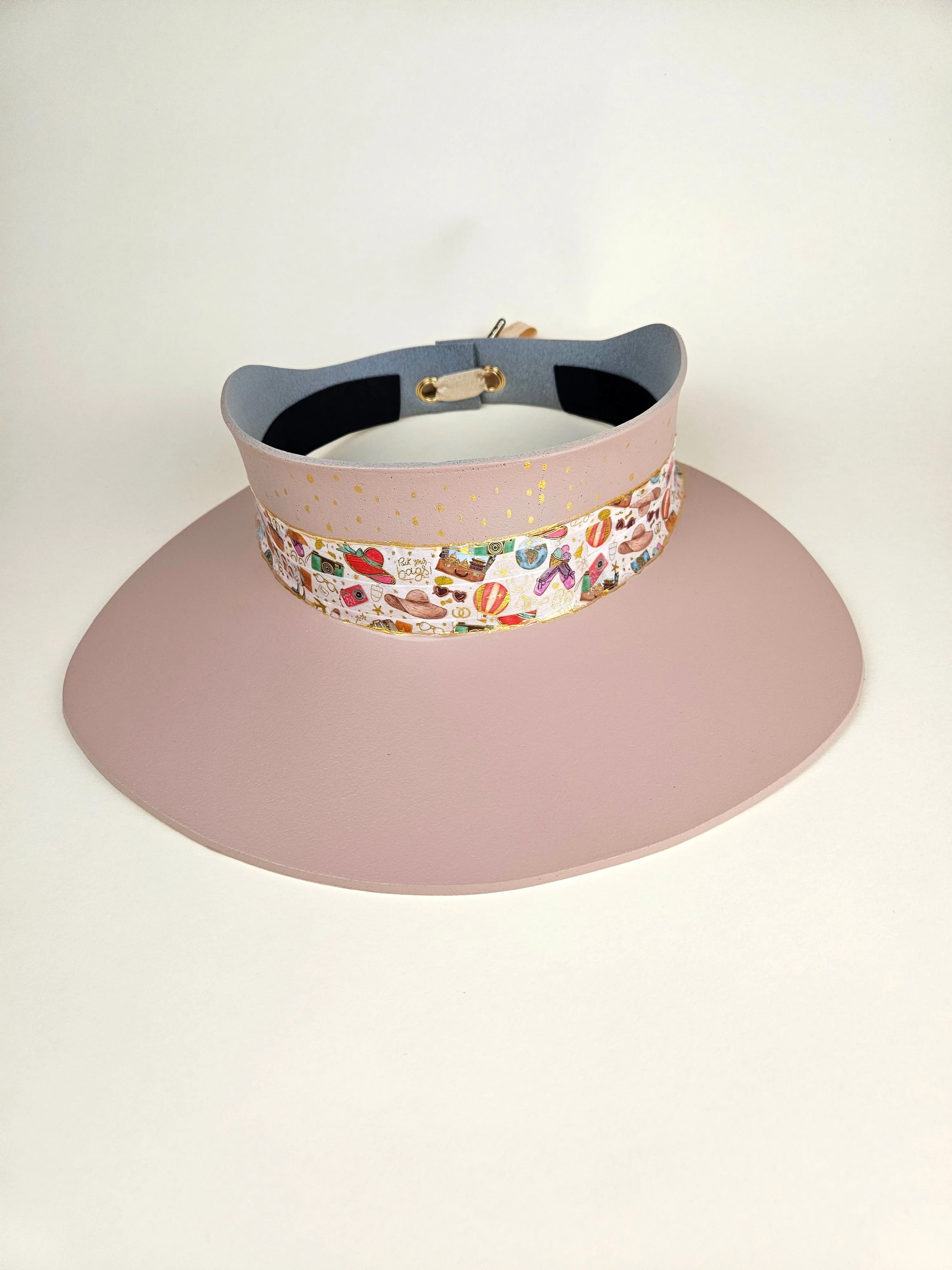 Tall Peachy Pink "LadyEVA" Hat with Beach Themed Band and Gold Polka Dots