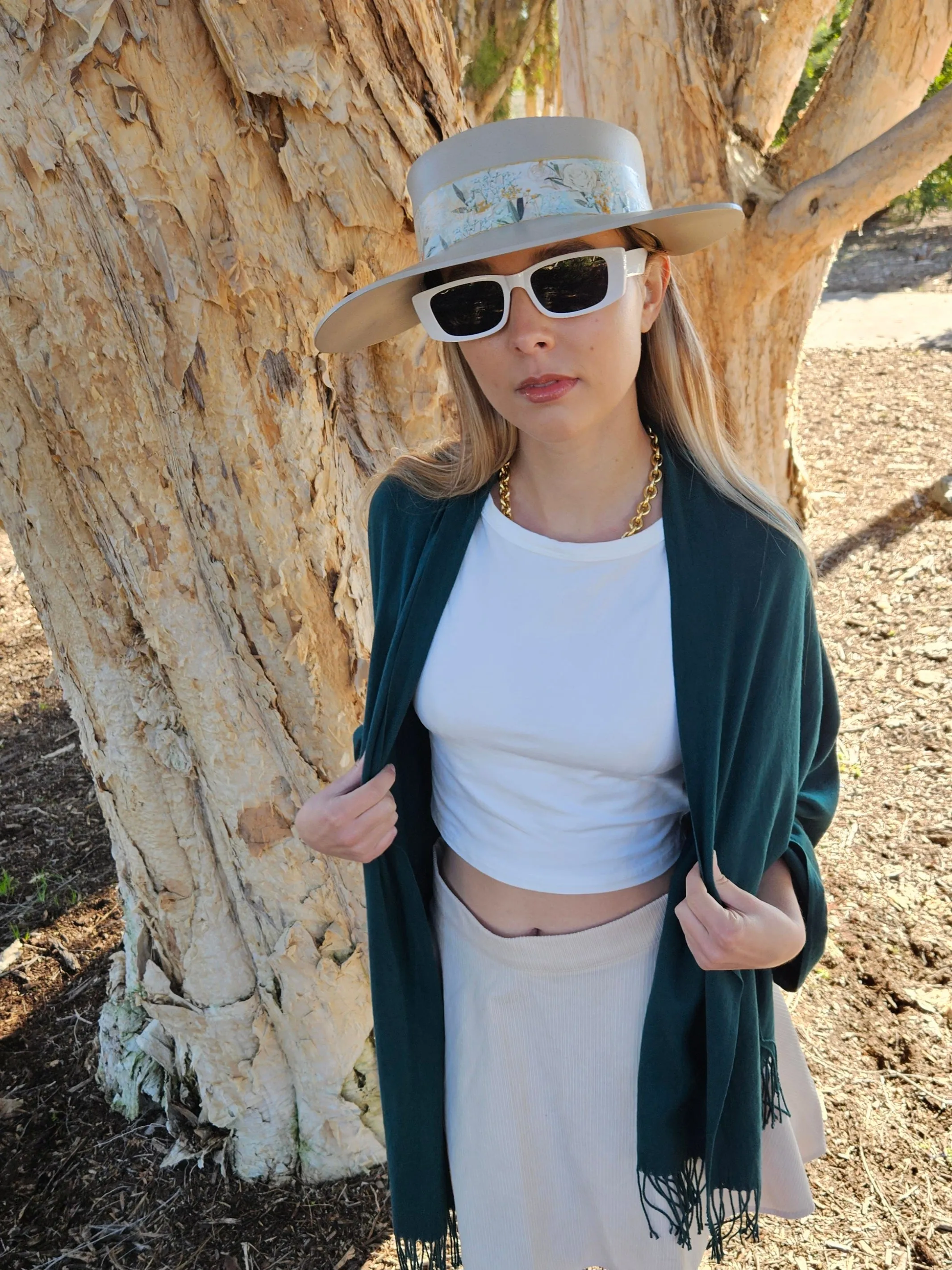 Tall Taupe "LadyEVA" Visor Hat with Golden White Floral Band