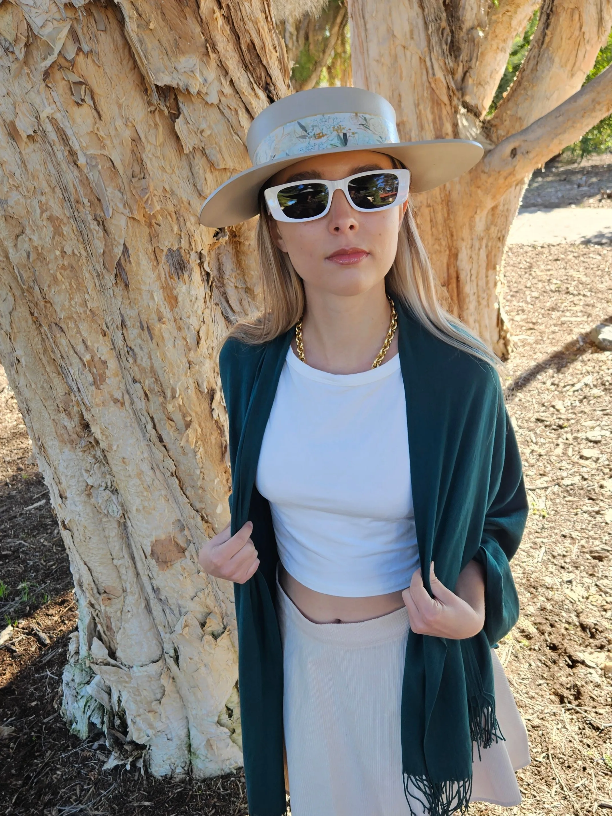 Tall Taupe "LadyEVA" Visor Hat with Golden White Floral Band