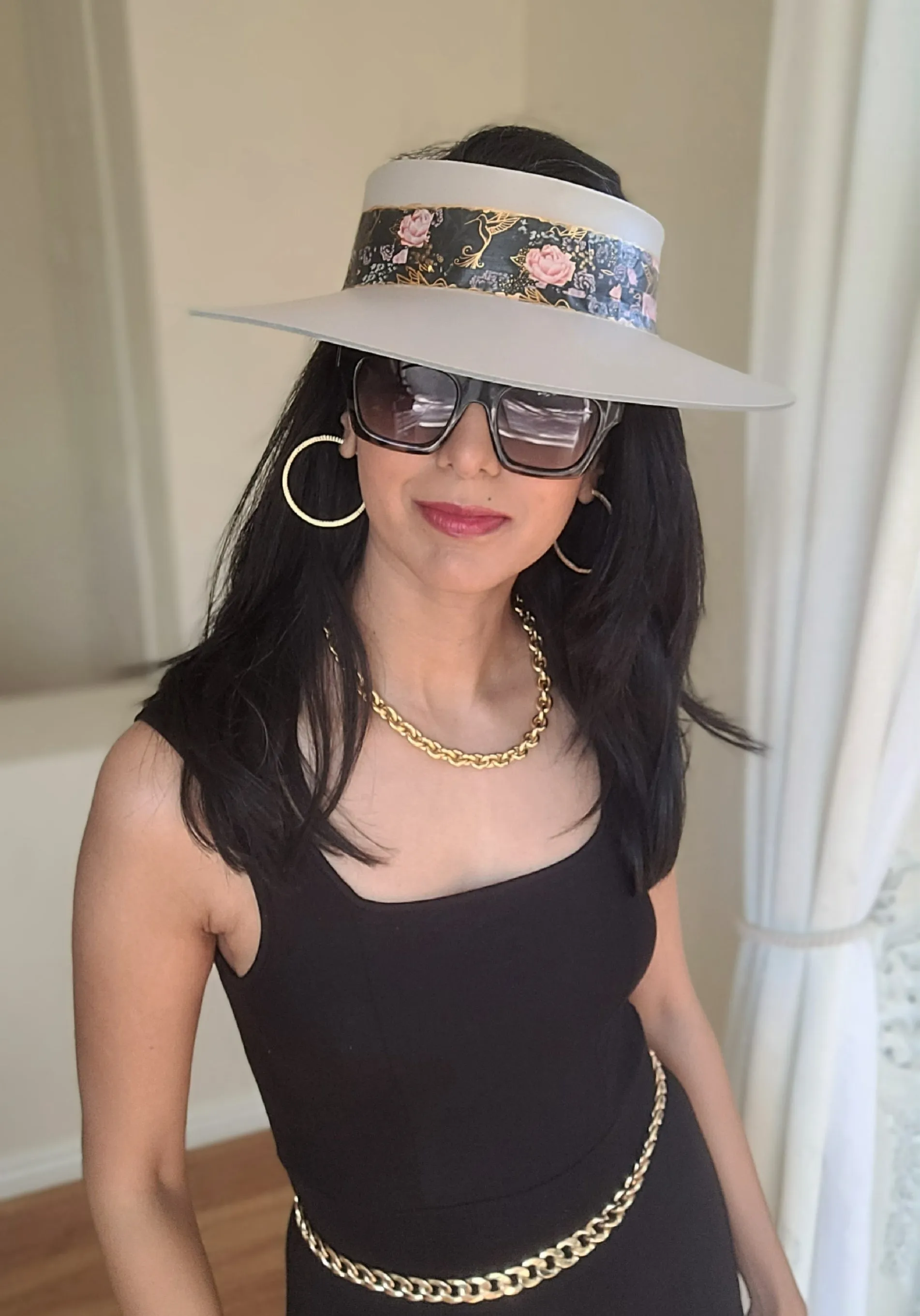 Taupe "LadyEVA" Visor Hat with Black Floral Band and Handpainted Floral Motif