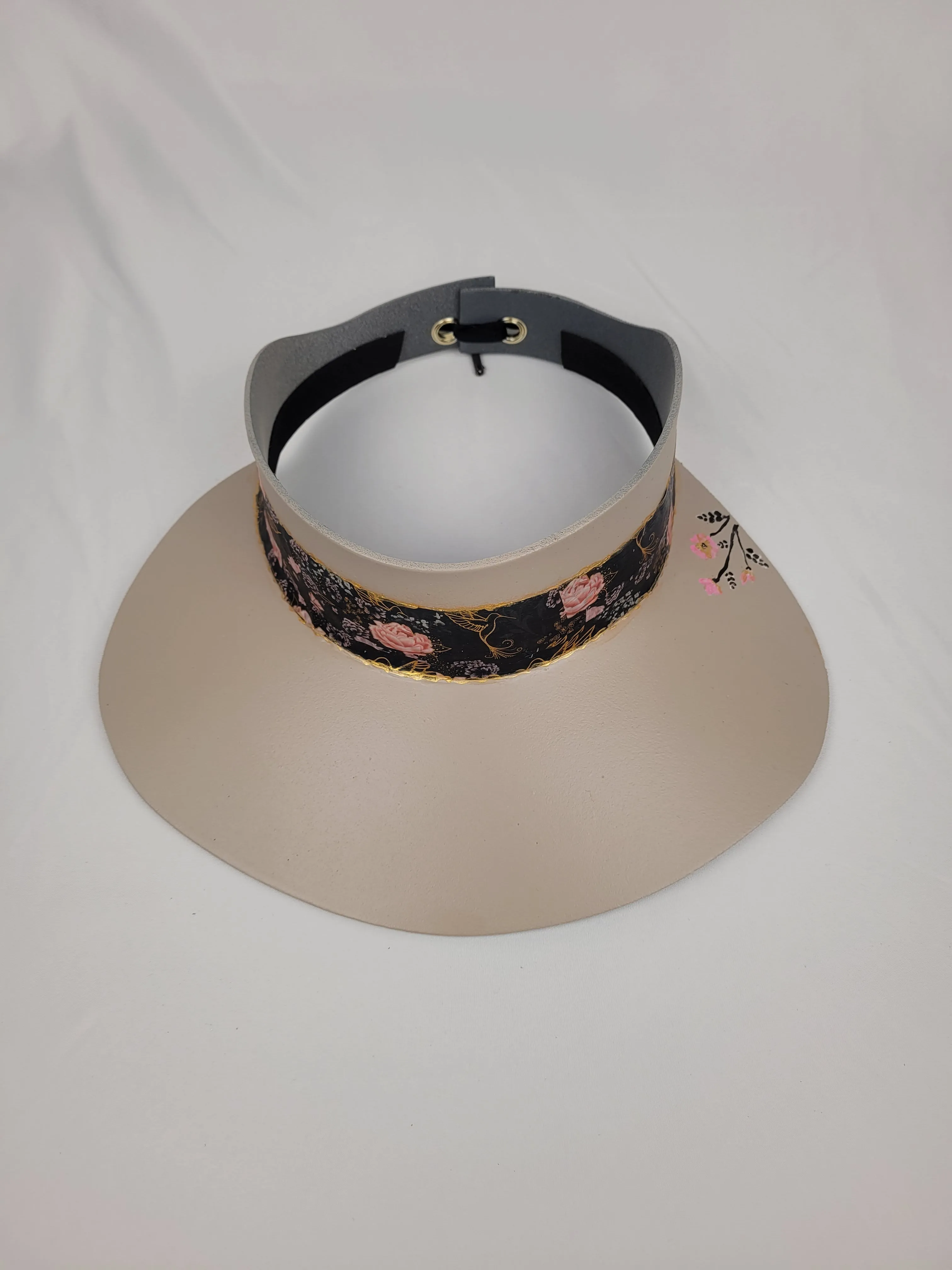 Taupe "LadyEVA" Visor Hat with Black Floral Band and Handpainted Floral Motif