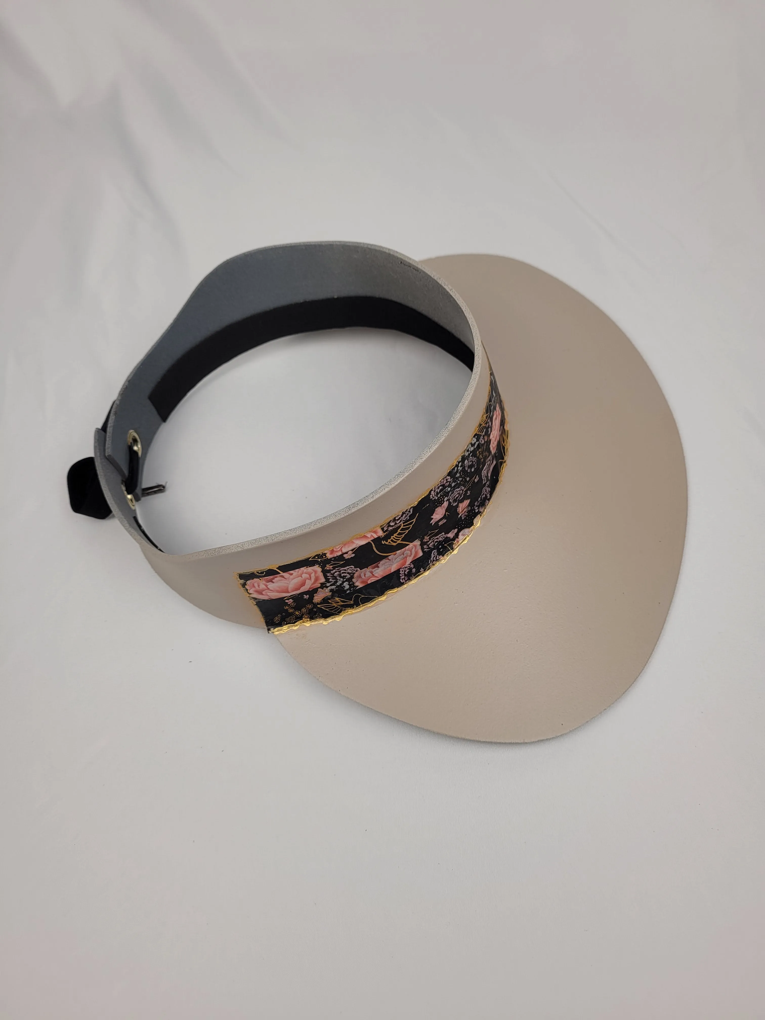 Taupe "LadyEVA" Visor Hat with Black Floral Band and Handpainted Floral Motif