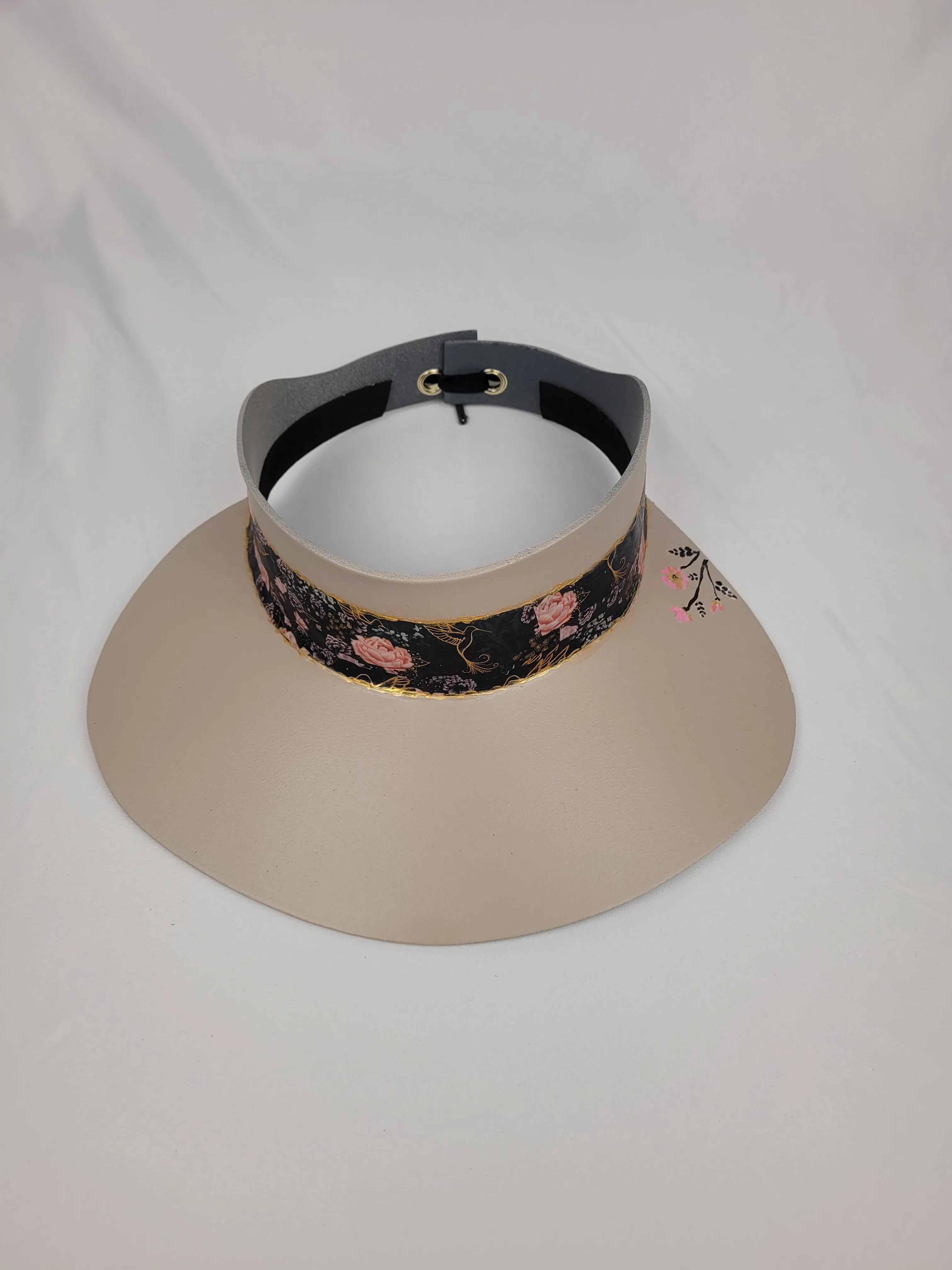 Taupe "LadyEVA" Visor Hat with Black Floral Band and Handpainted Floral Motif