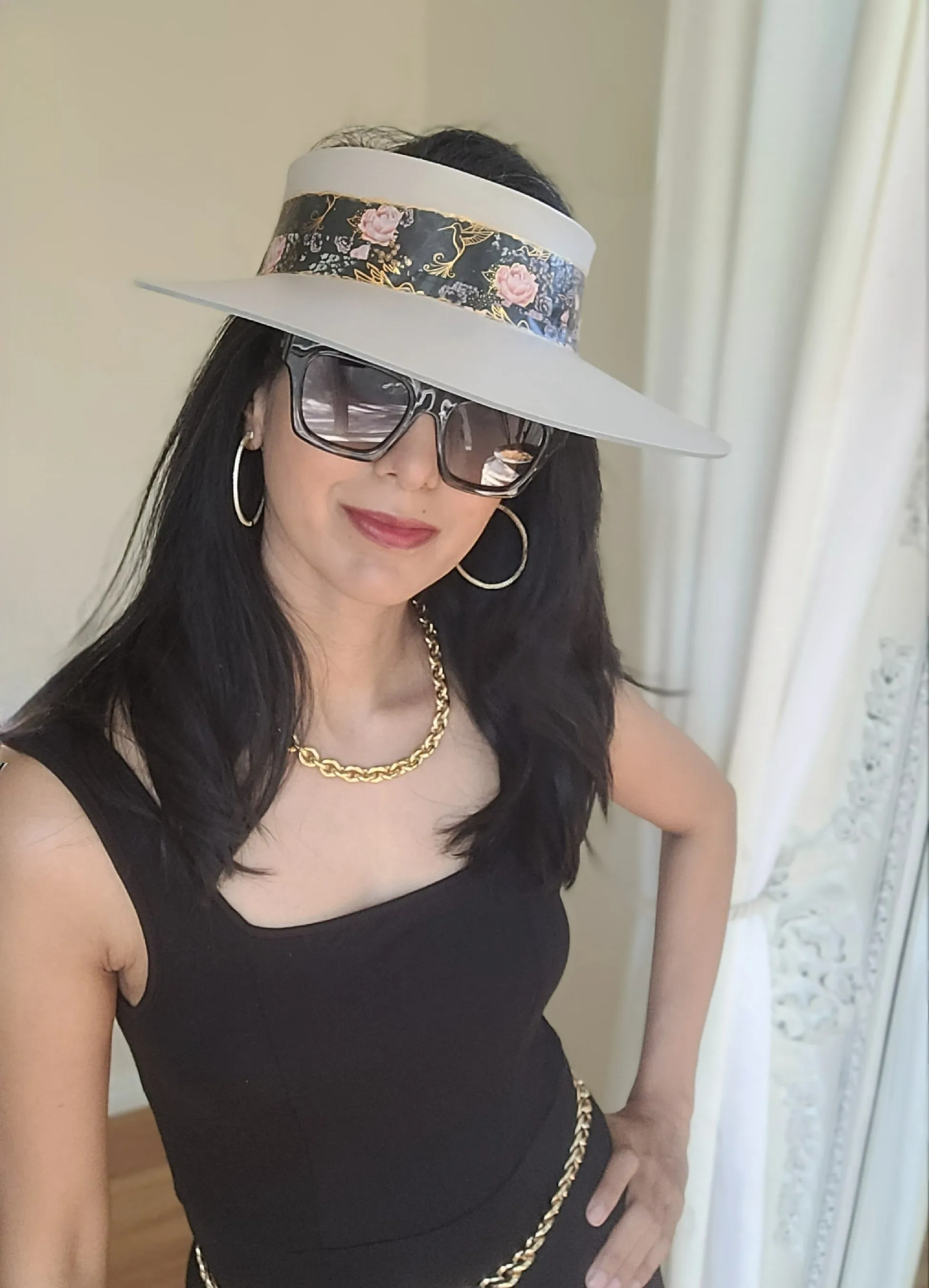 Taupe "LadyEVA" Visor Hat with Black Floral Band and Handpainted Floral Motif