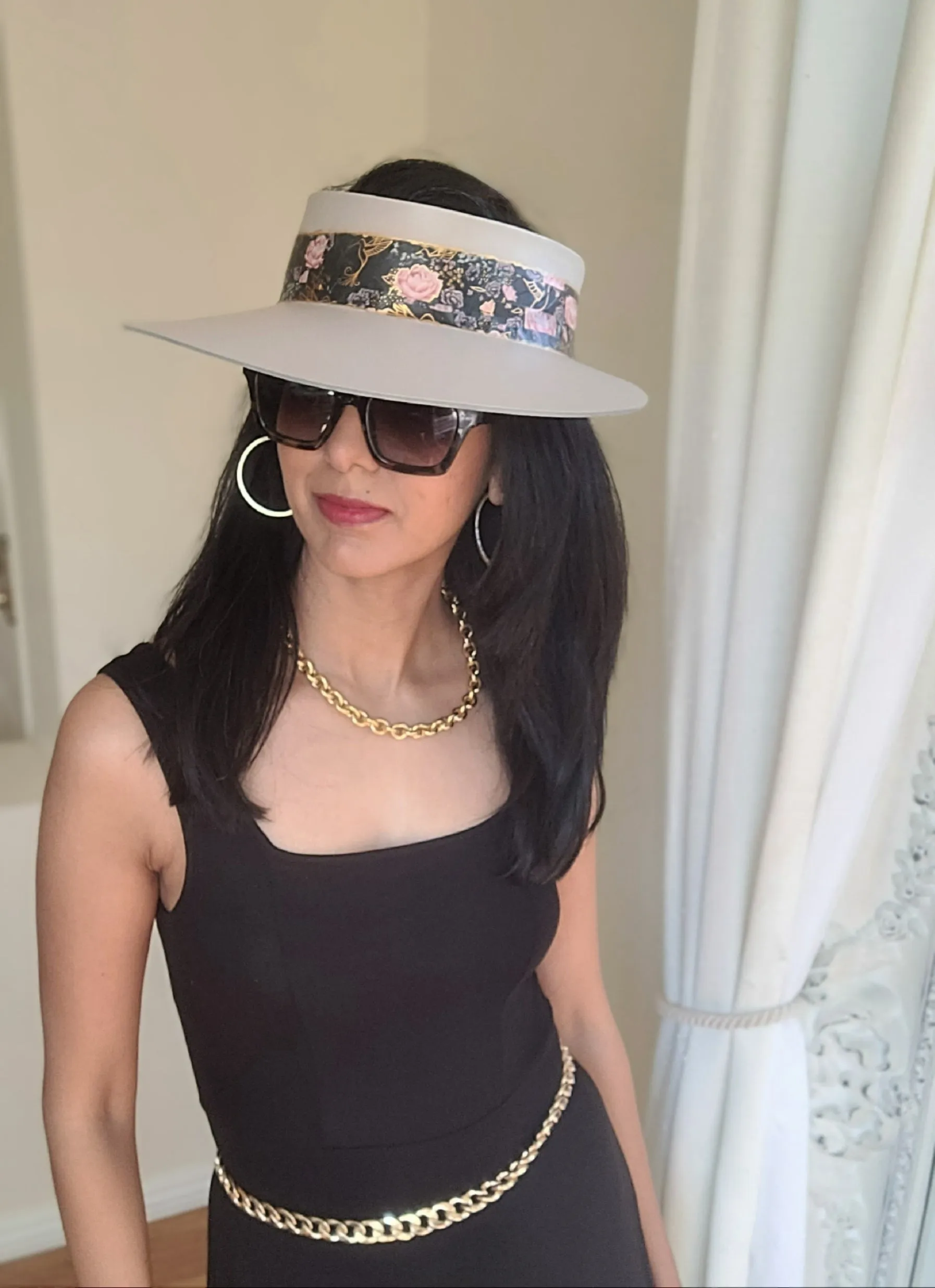 Taupe "LadyEVA" Visor Hat with Black Floral Band and Handpainted Floral Motif