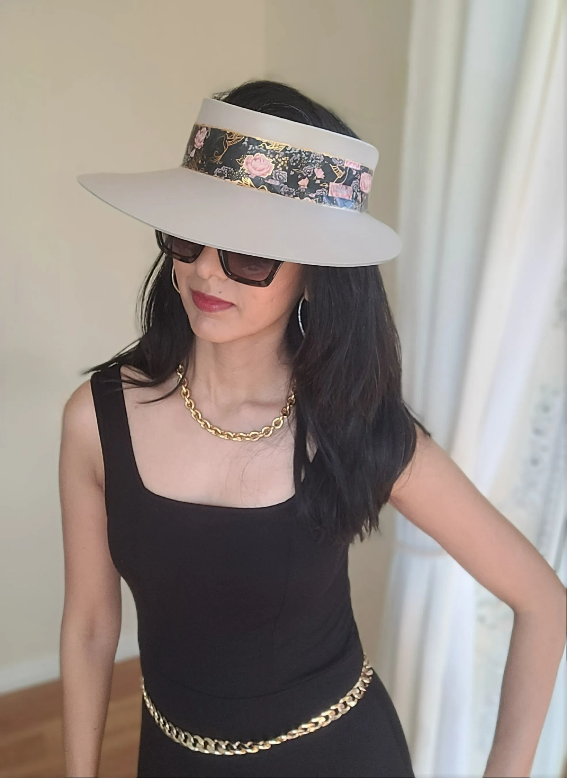 Taupe "LadyEVA" Visor Hat with Black Floral Band and Handpainted Floral Motif