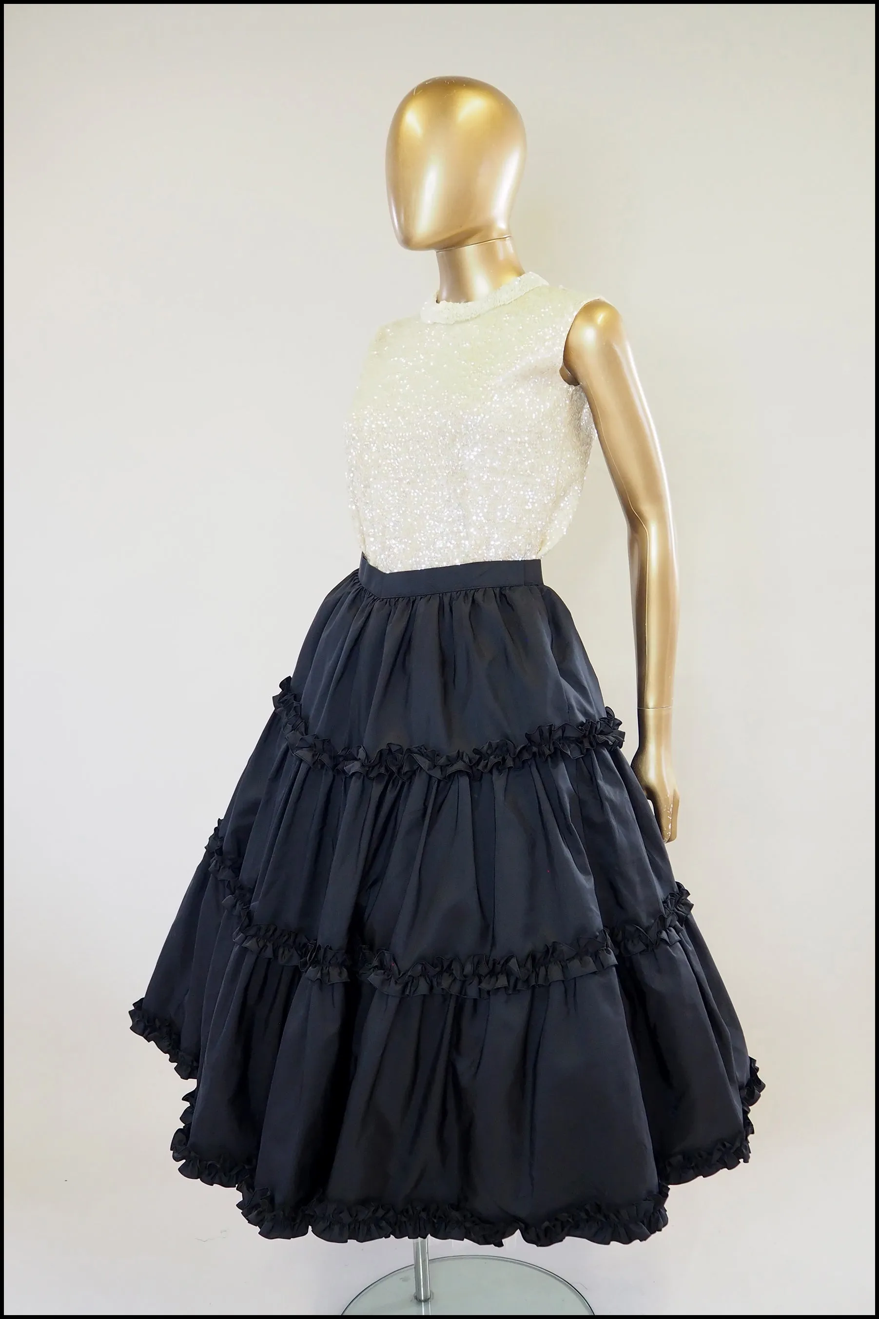 Vintage 1980s Black Ruffle Midi Skirt