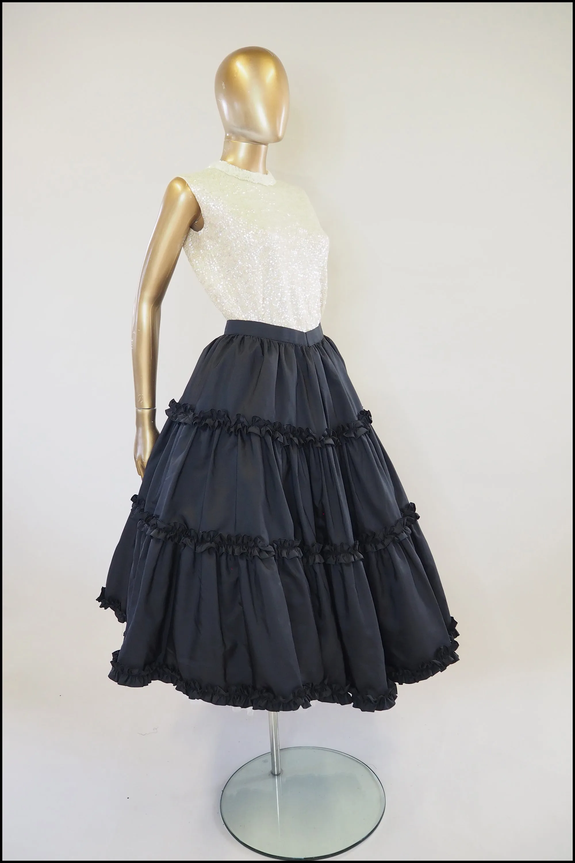 Vintage 1980s Black Ruffle Midi Skirt