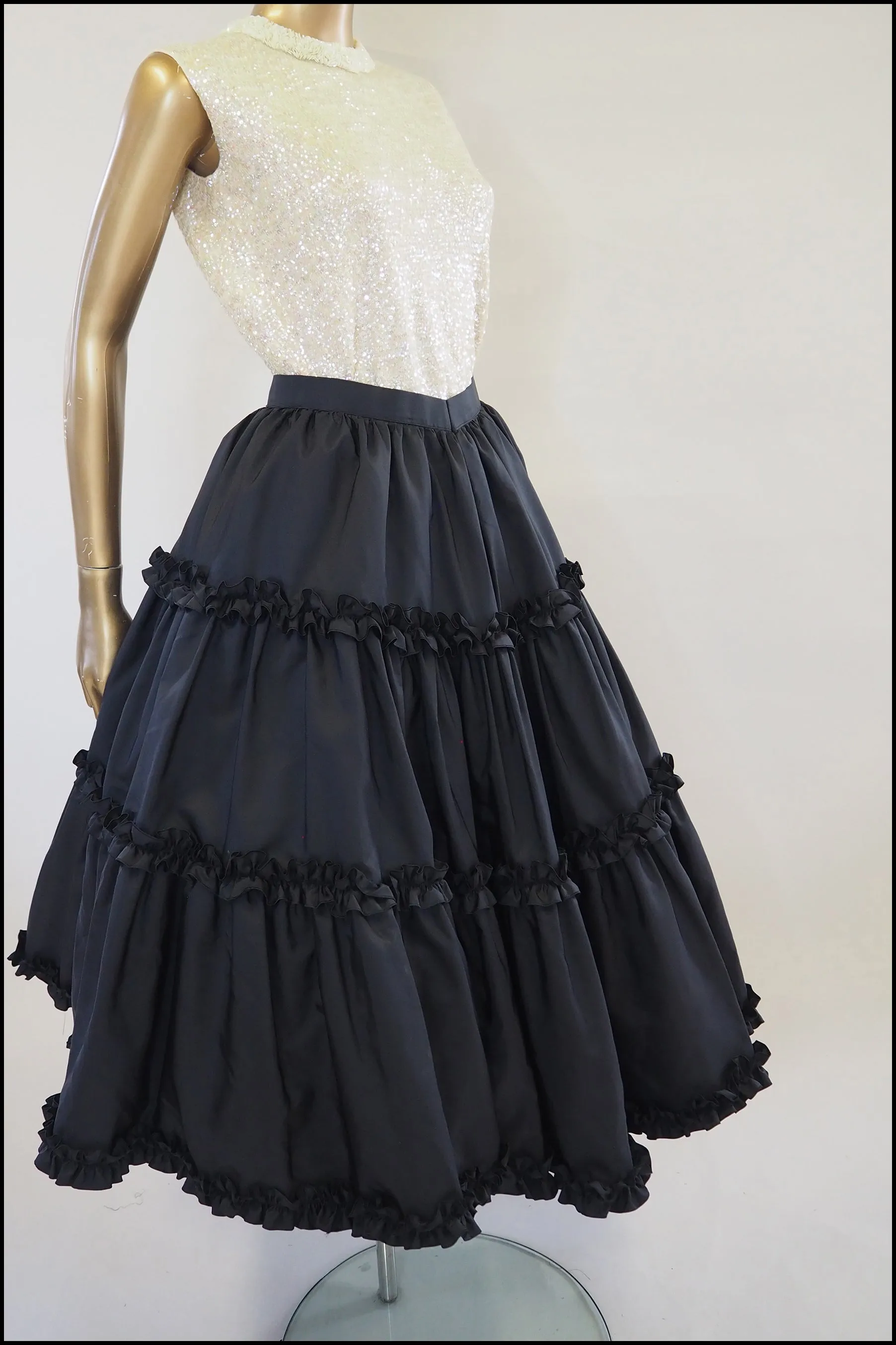 Vintage 1980s Black Ruffle Midi Skirt