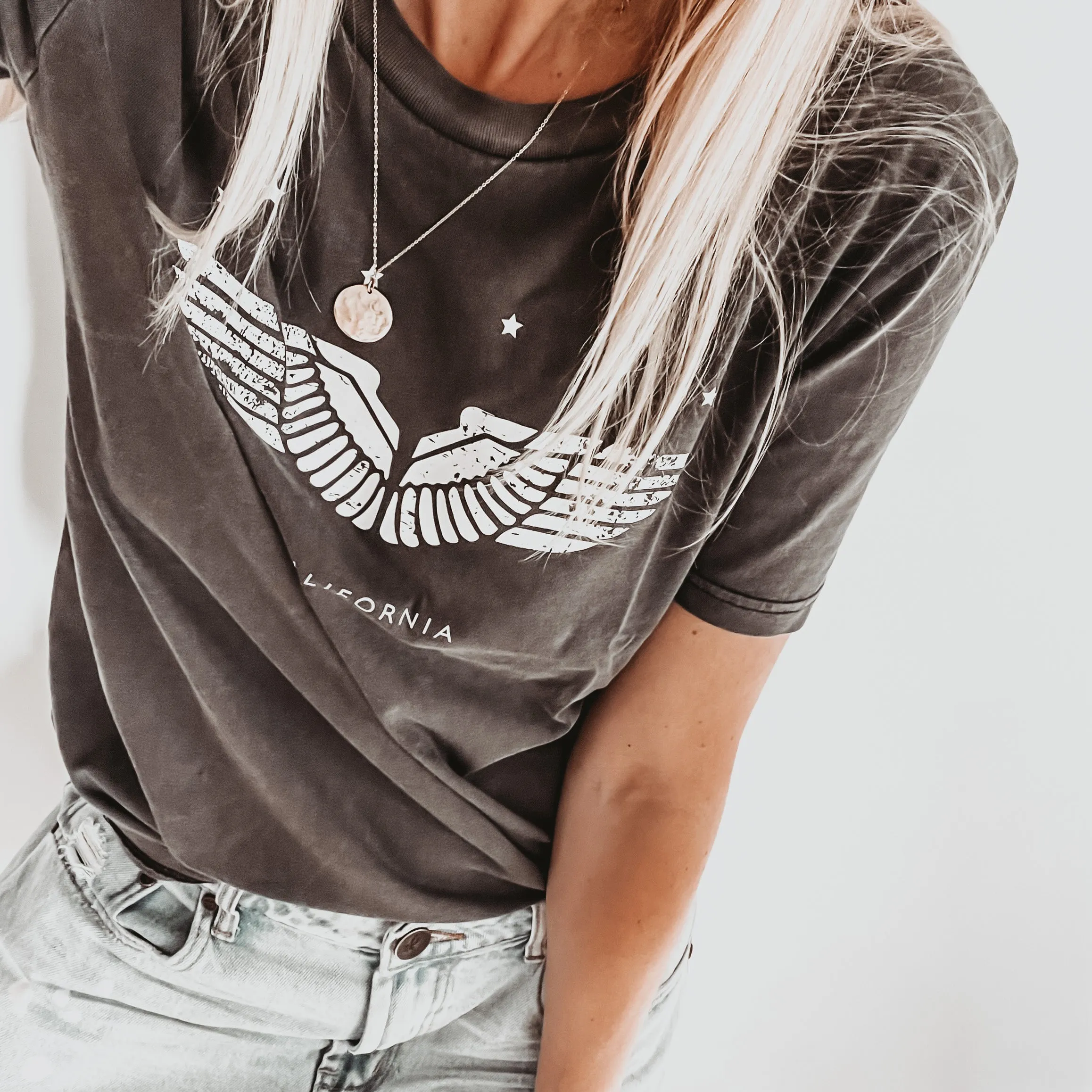 Vintage washed California wings & stars charcoal tee *boyfriend fit*